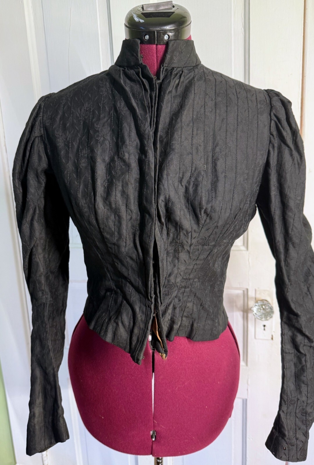 Antique 1880s Black Jacquard Floral Cotton Bodice Top