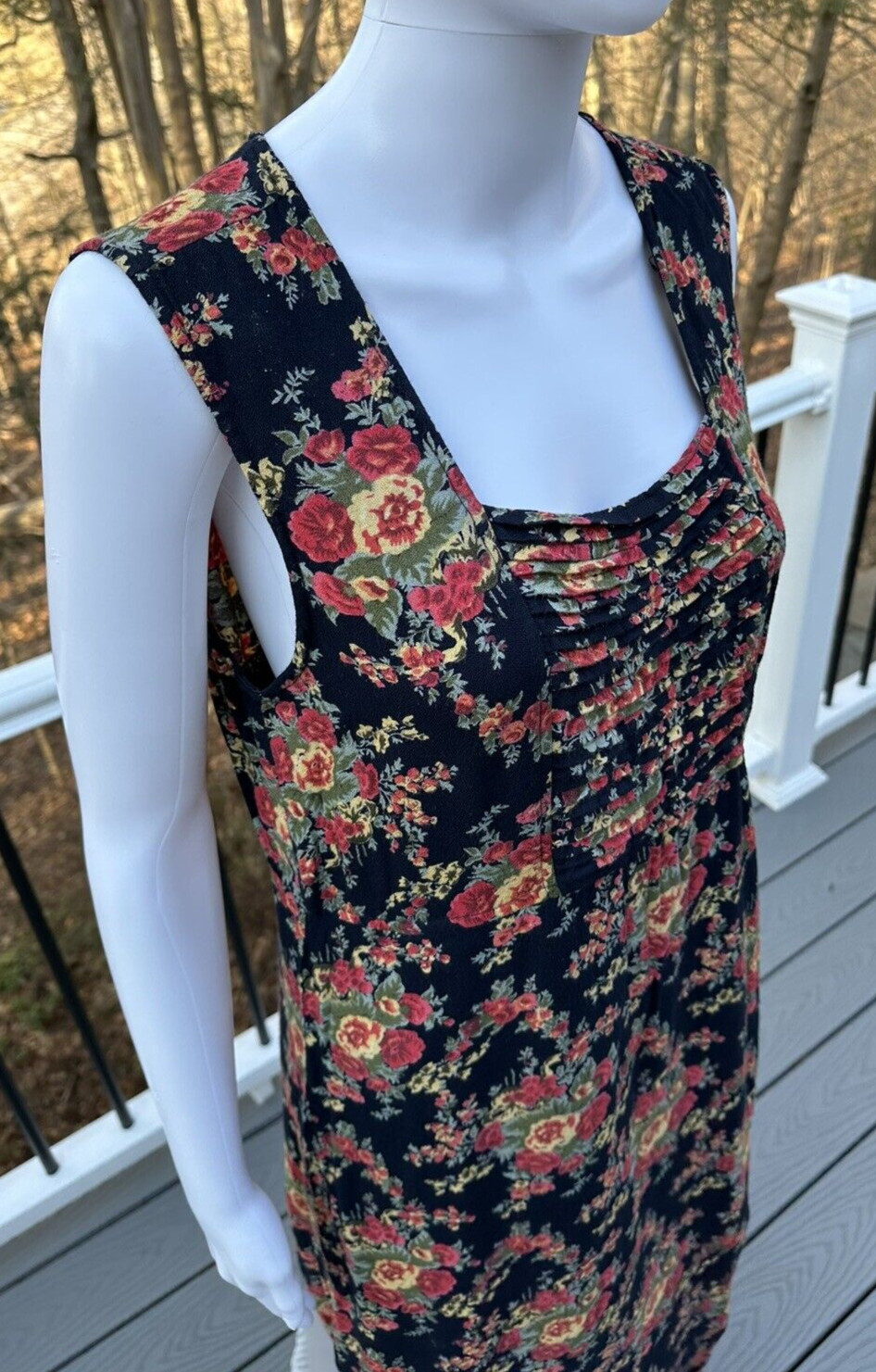 April Cornell Sz S Sleeveless Maxi Floral Dress Navy Side Slit Back Buttons