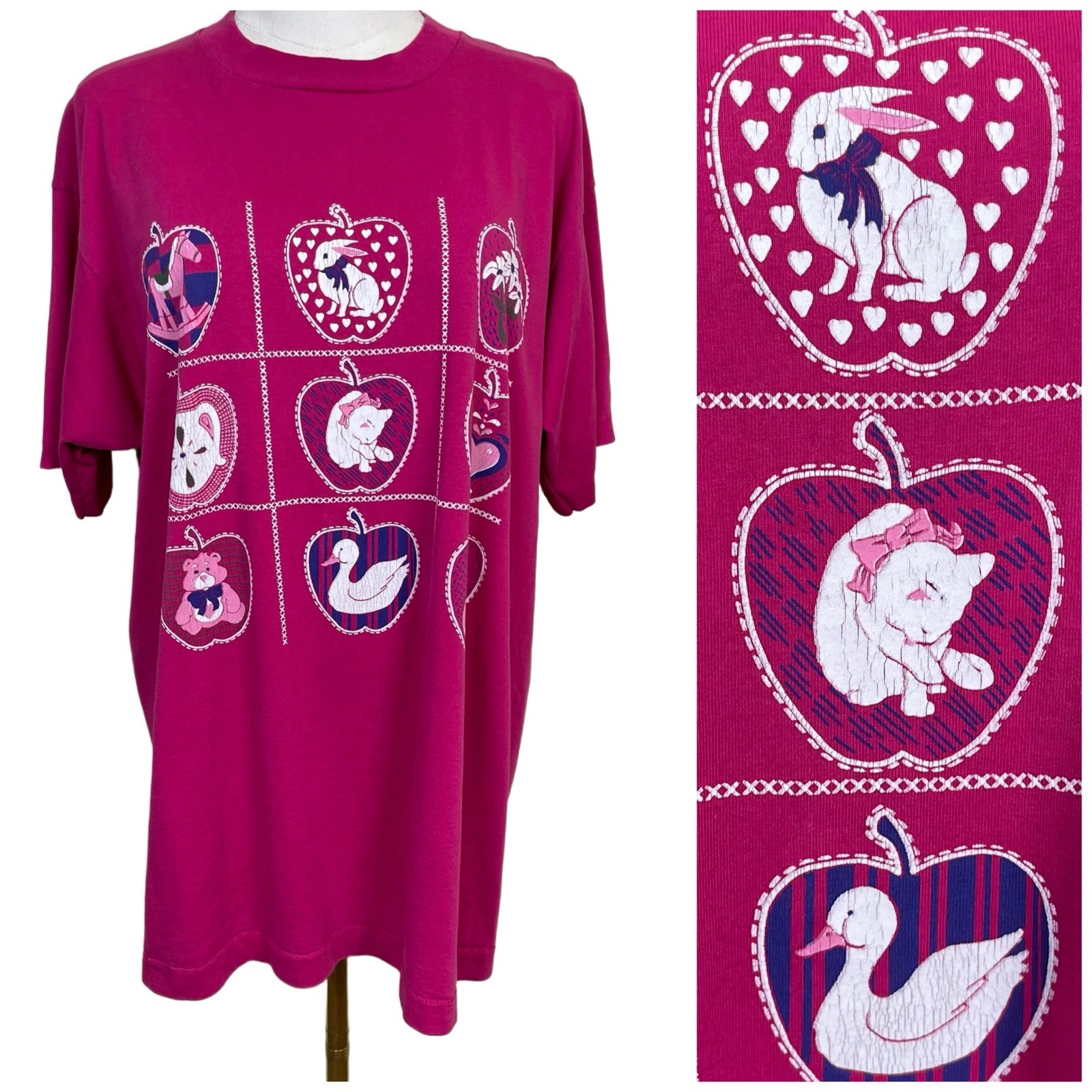 Vintage Screen Stars 1991 Cat Bunny Heart Graphic T-Shirt Women XL Pink Cottage