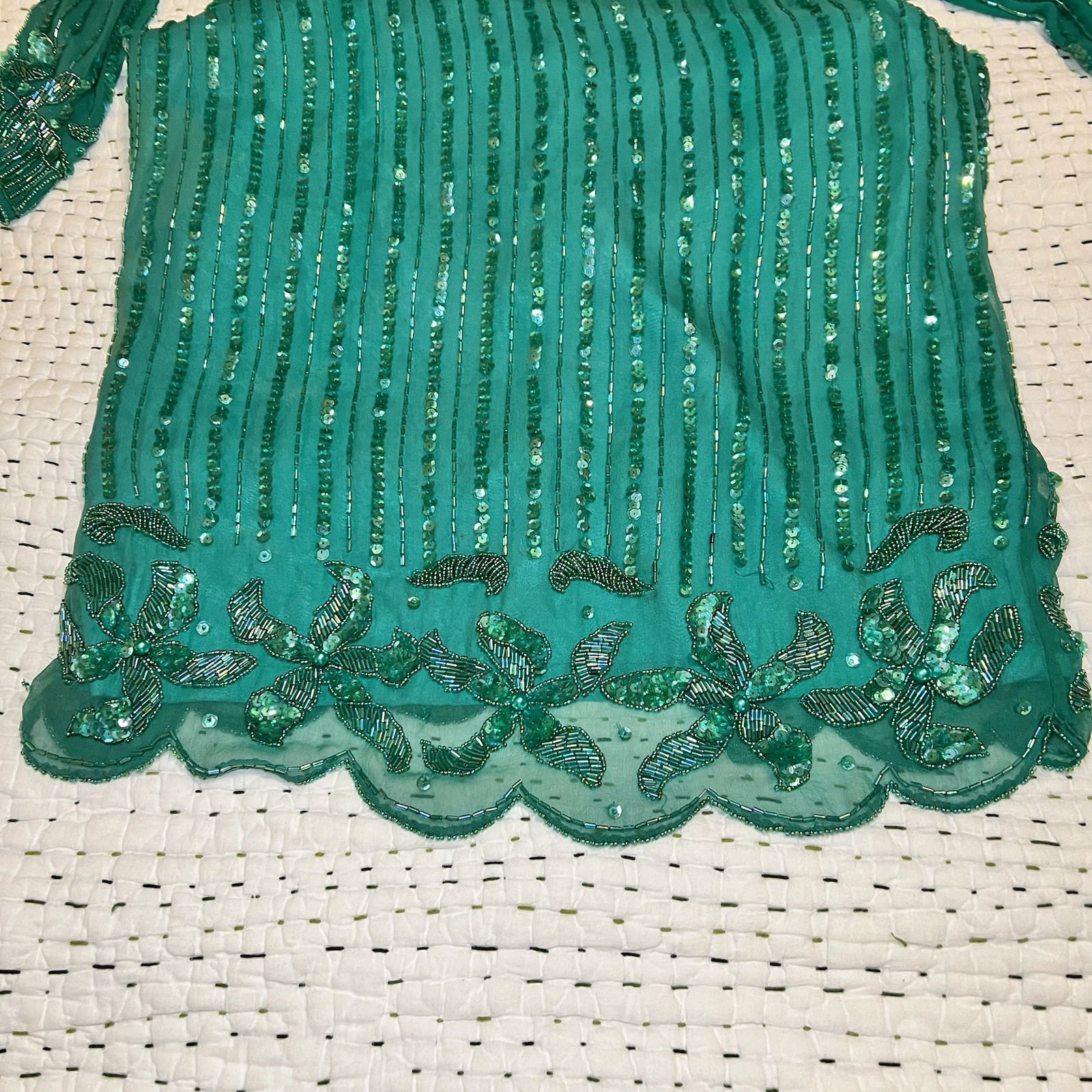 Vintge NADINE Boutique Medium Silk Hand Beaded Embellished Cocktail Dress Green