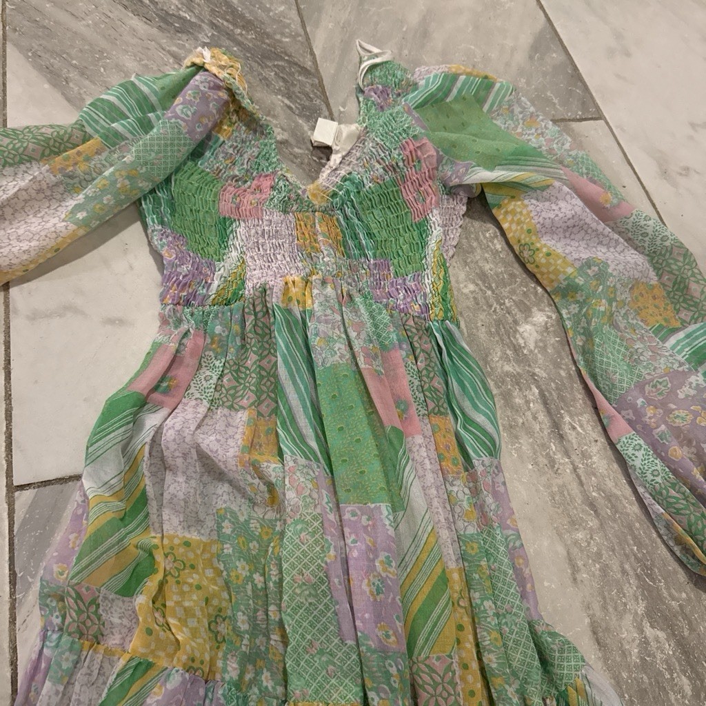 1970s Audrey Marlett For Jack Kramer Vintage Green And Pink Patchwork Maxi 5/6