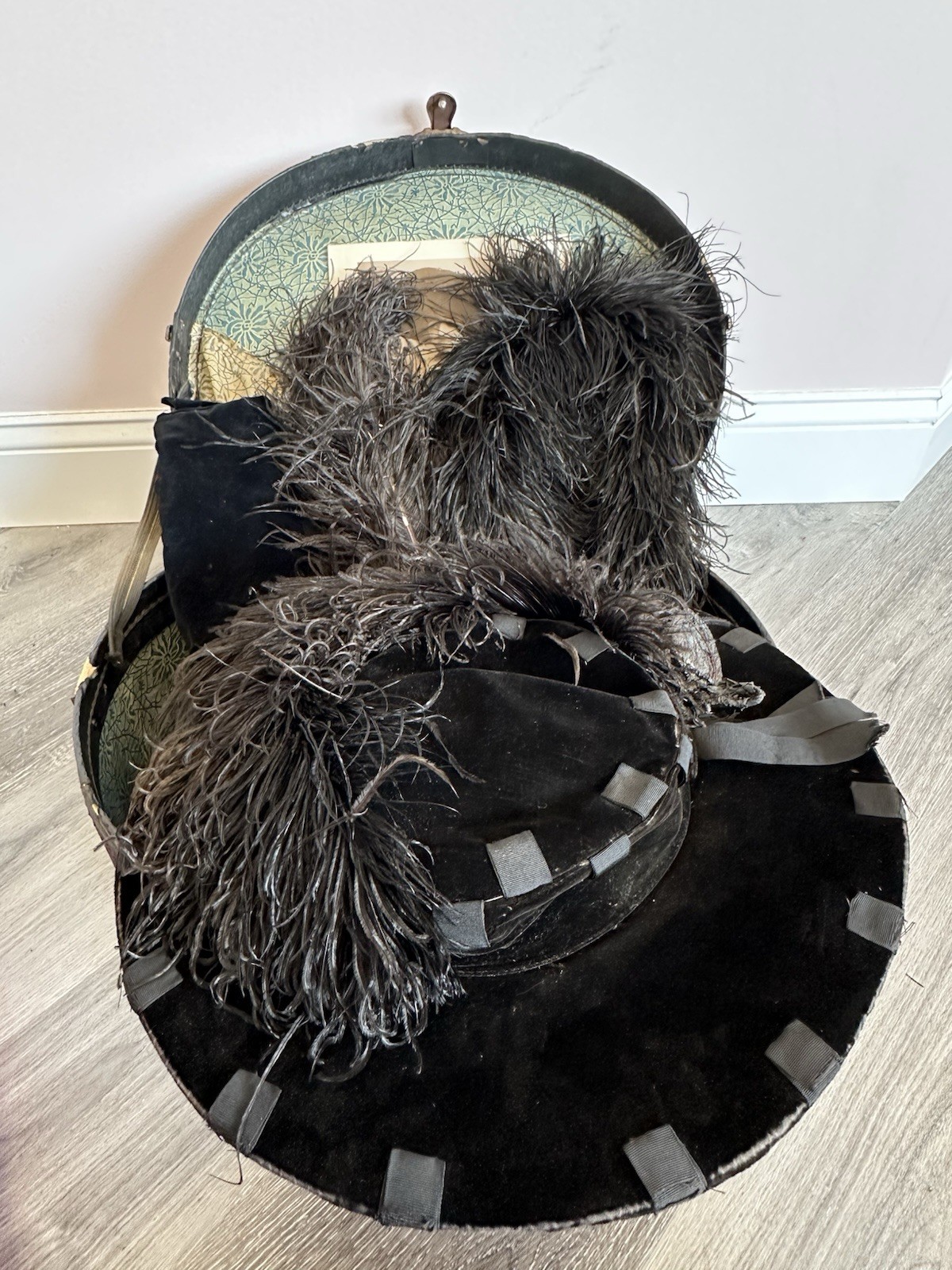 Antique Ostrich Feather Edwardian Ladies Hat 1900s W/Case Velvet Ribbon Plume