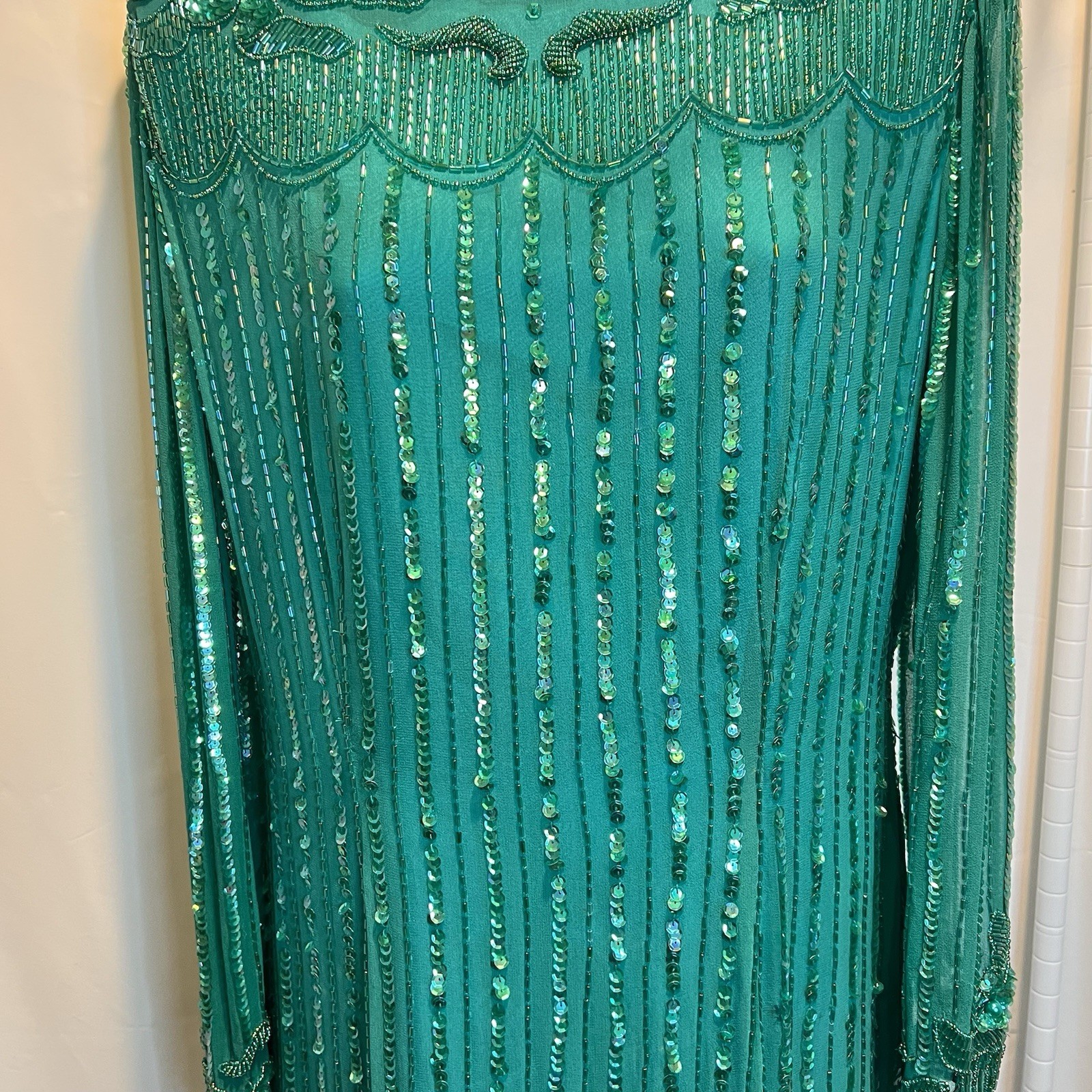 Vintge NADINE Boutique Medium Silk Hand Beaded Embellished Cocktail Dress Green