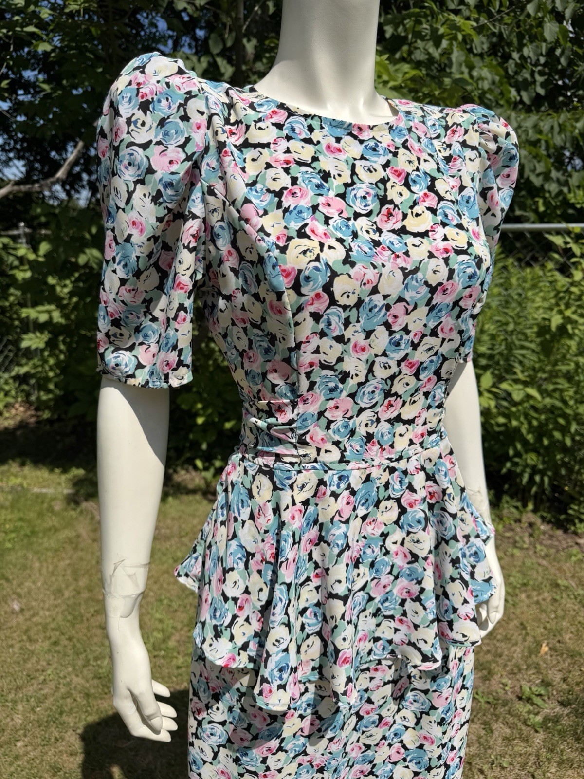 Vintage 1980s does 1930s PEPLUM Wiggle Dress Puffed Sleeves Floral ‘By Choice’