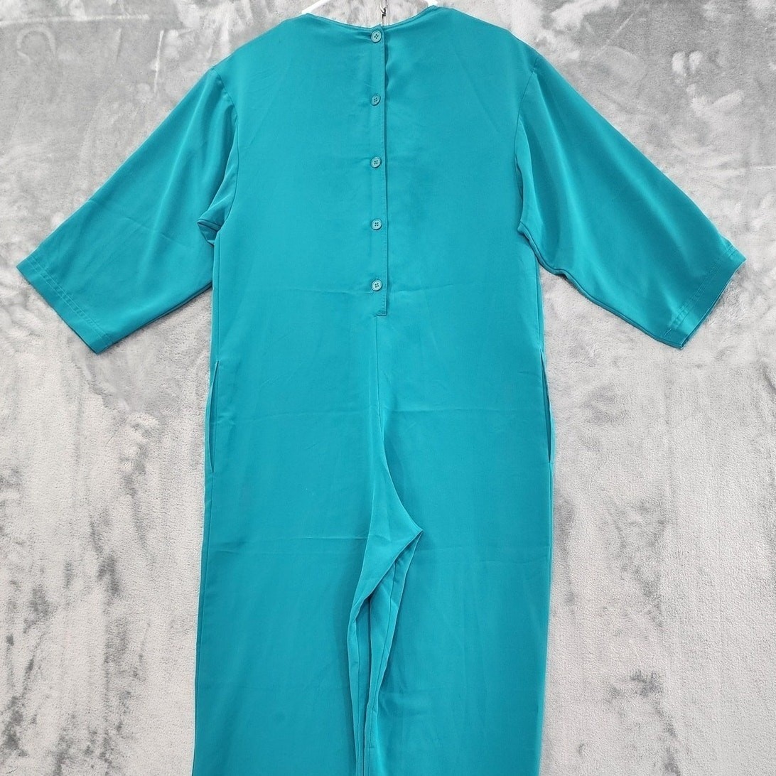 Vintage Frances Henaghan Jumpsuit Womens 8 Teal Blue Silky Tie Belt Long Sleeve