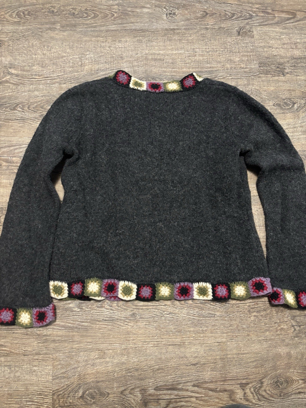 Vintage 100% Lambswool Sweater S Handmade Carole Little Crochet Trim Hong Kong