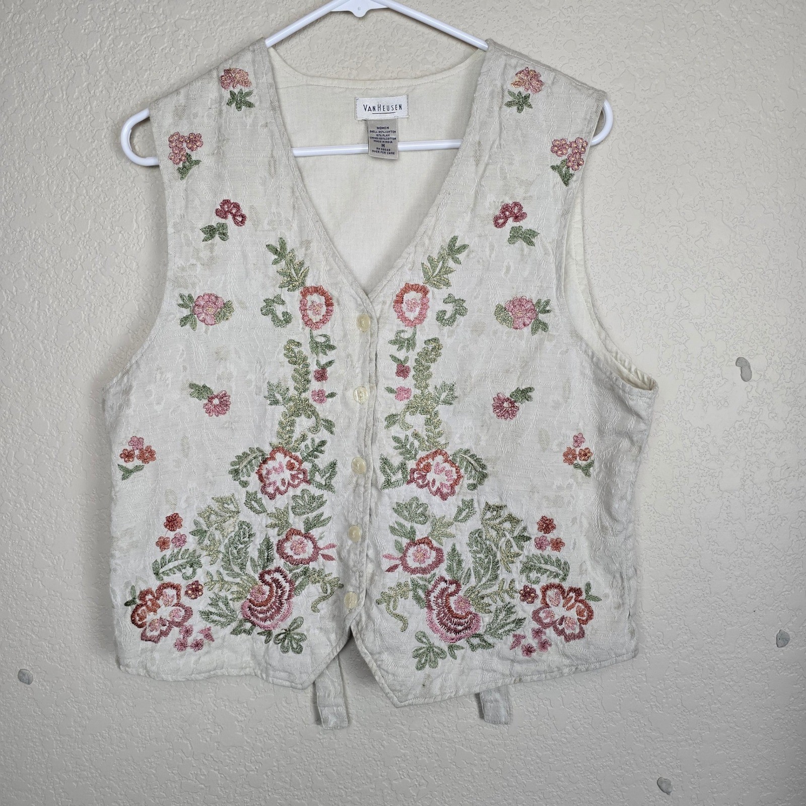 Van Heusen Vintage Floral Embroidered Linen Cotton Blend Vest Size M Flaw