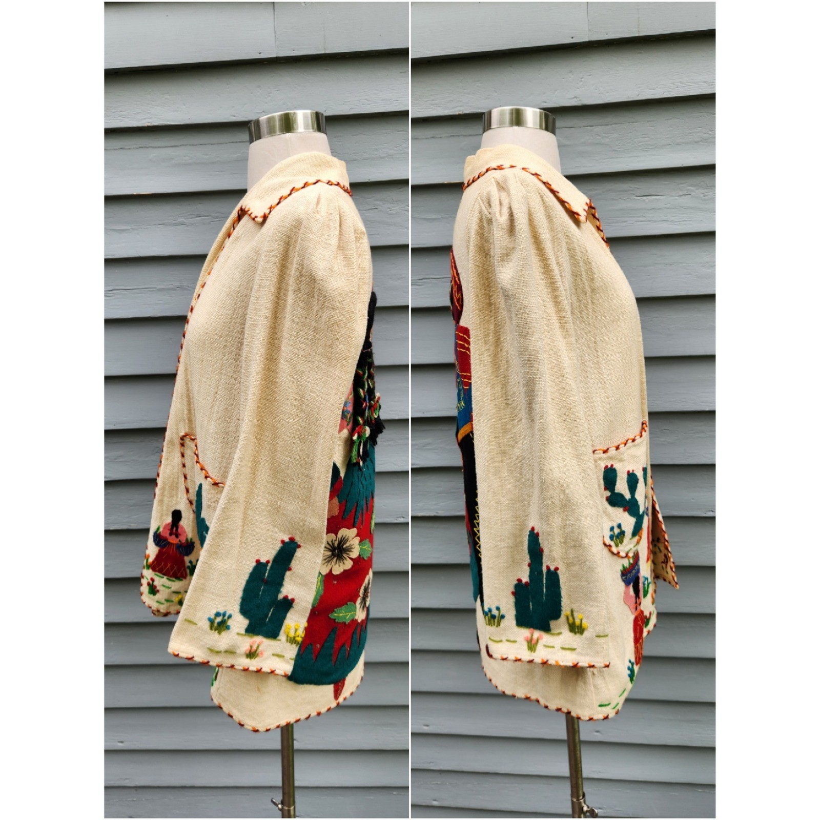 Vintage 50s Mexican Tourist Jacket Cream Embroidered Folk Art Applique Medium