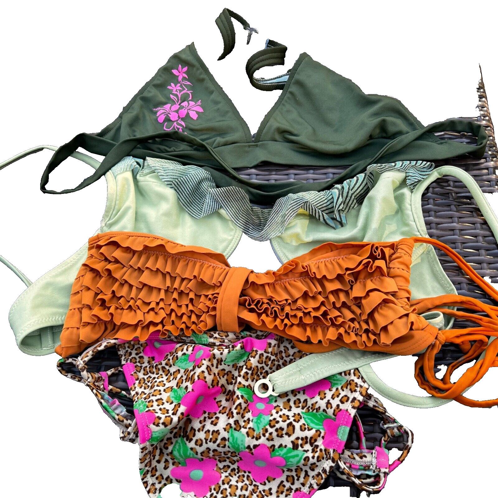 Vintage Lot 3 Bikini Tops 1 Bottom Sizes Lg-XL 90’s Rad Hippie Plunge Y2K Miami
