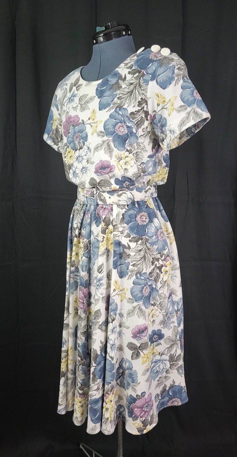 Vtg Stuart Alan Petites White/Blue/Purple Floral Blouson Knit Dress Size 8P