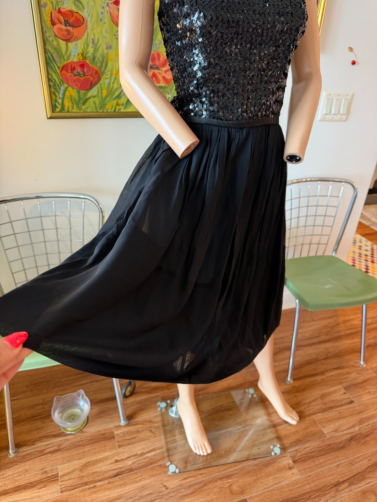 ✨ Vtg 50s 60s Black Sequin Bodice Chiffon Circle Skirt Party Dress Metal Zip M