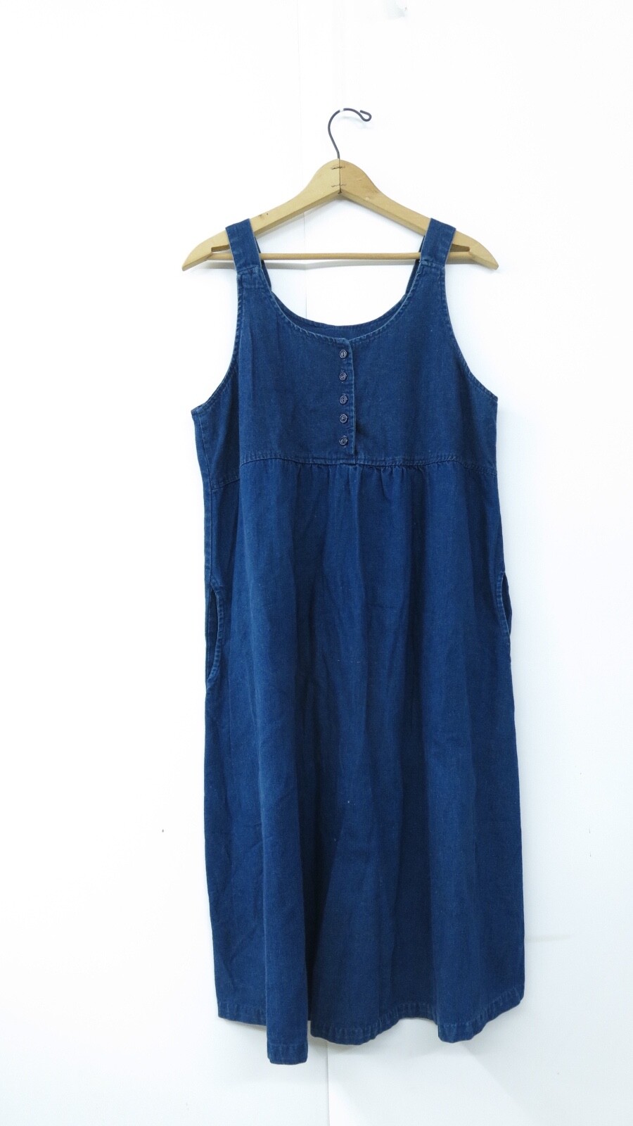Vintage 70&rsquo;s Blue Denim 100% Cotton Button Front Sleeveless Jumper Dress SZ M