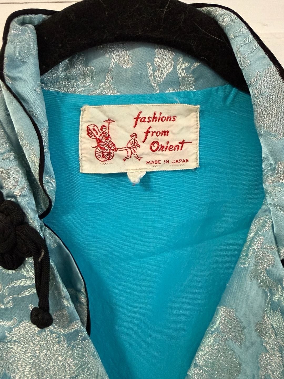 Vintage Fashions From Orient Aqua Blue Brocade Mandarin Jacket with Frog Closure