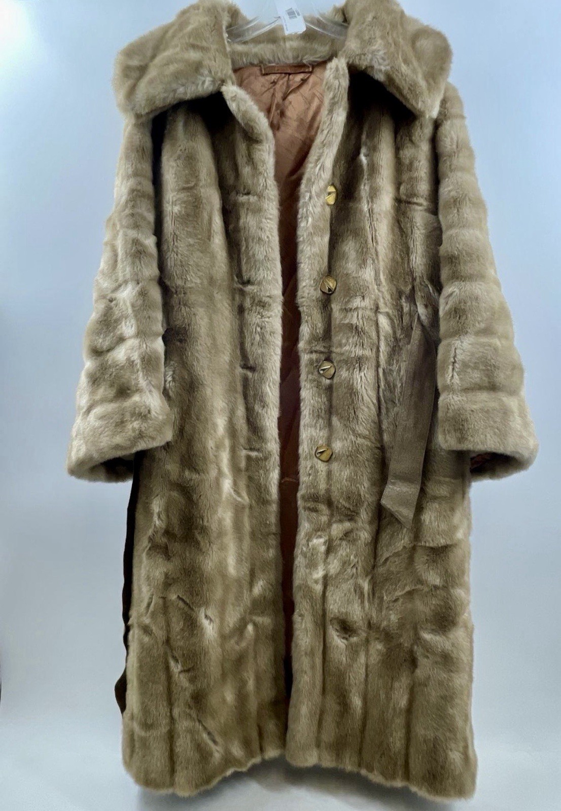VINTAGE LYKAFUR PRISCILLA MODES FAUX FUR TISSAVEL FRANCE BELTED TAN COAT