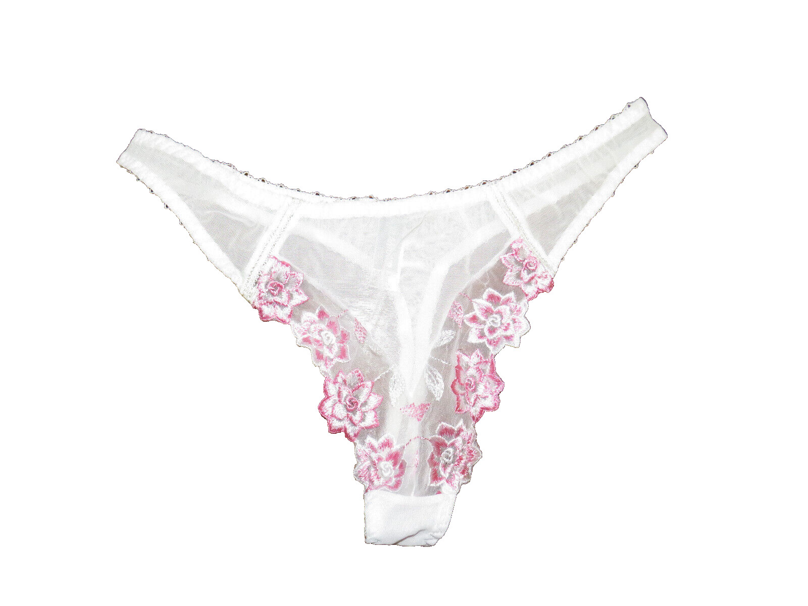 Vintage Glamour White Mesh Embroidered Nylon Blend Thong Panties Size XL