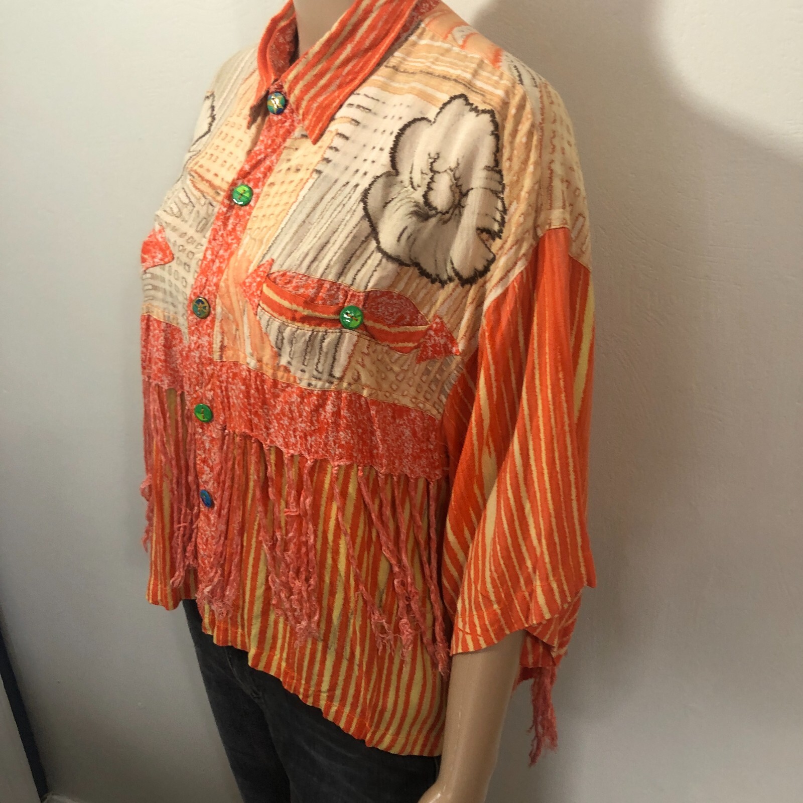 vtg Paul Ropp Button Shirt One Size Old America Rayon 1989 Fringe Western Boho