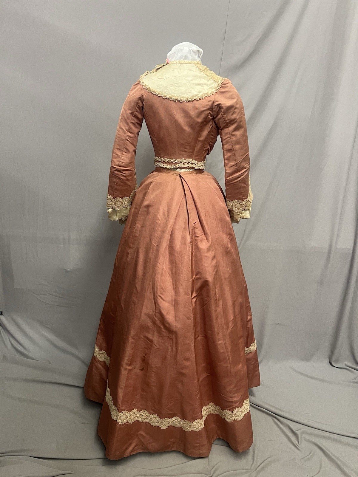 1890’s Peach Silk Faille & Lace Bustle Dinner Gown