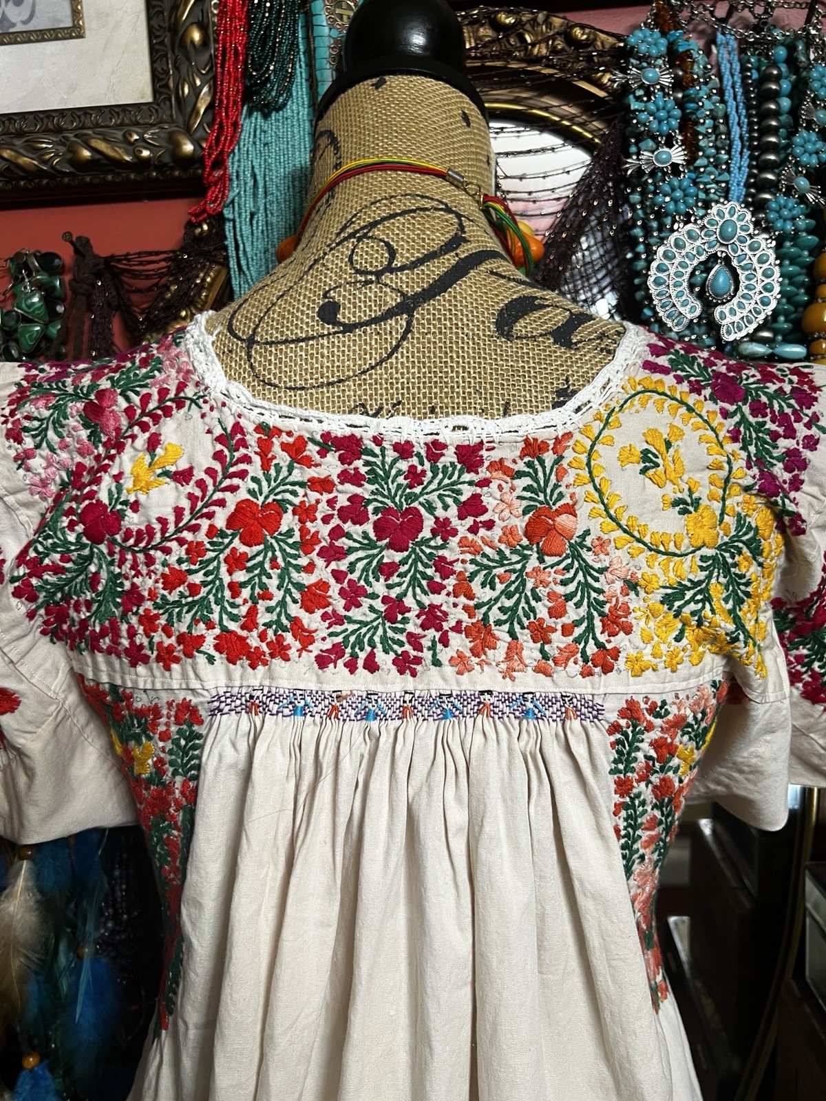 Beautiful Oaxaca Light Beige Dress In Cotton With Multi Color Embroidery M/L