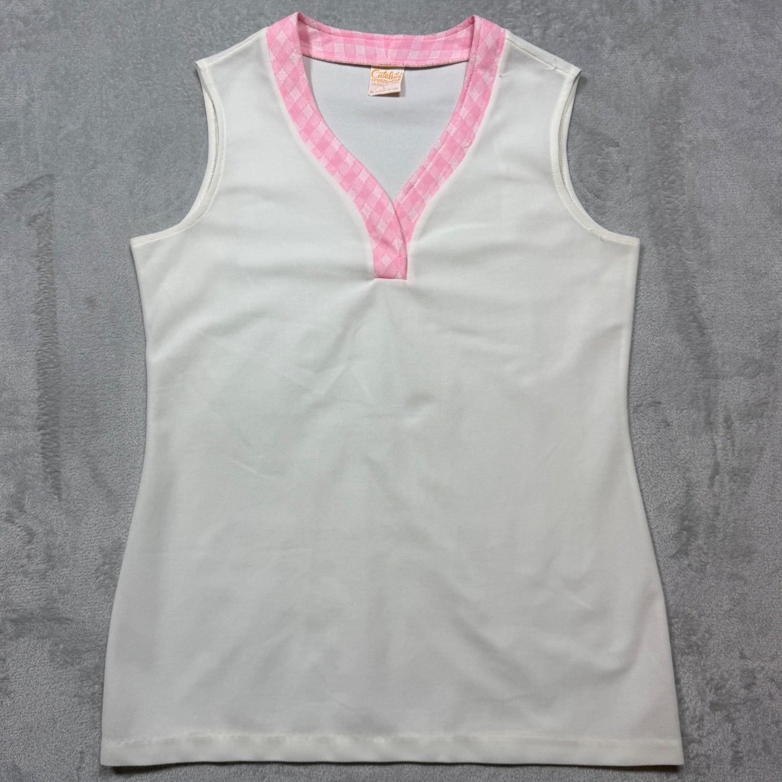 Vintage 1970s White Pink Gingham Sleeveless Sportswear Top Size L/M Retrosport