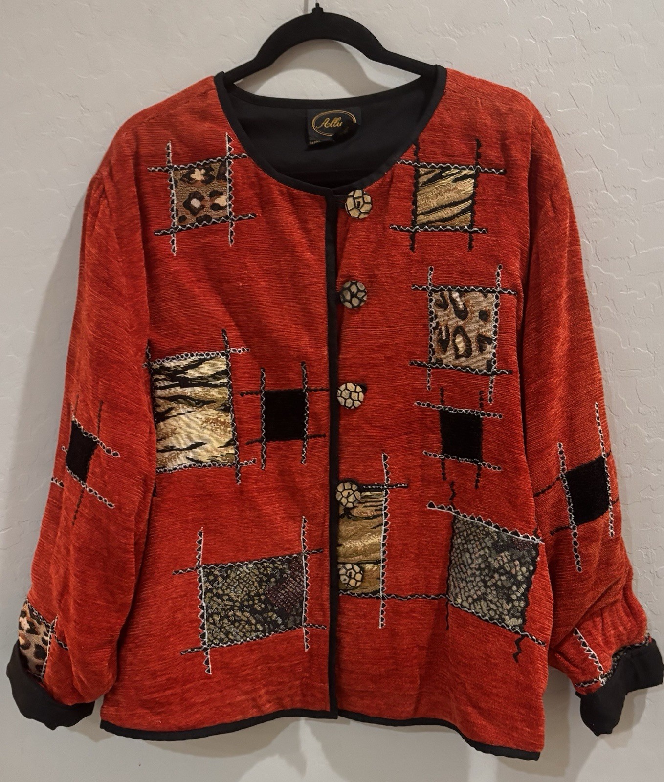 VTG Allure Women&rsquo;s Size 2X Red Animal Print Patchwork Art To Wear Jacket