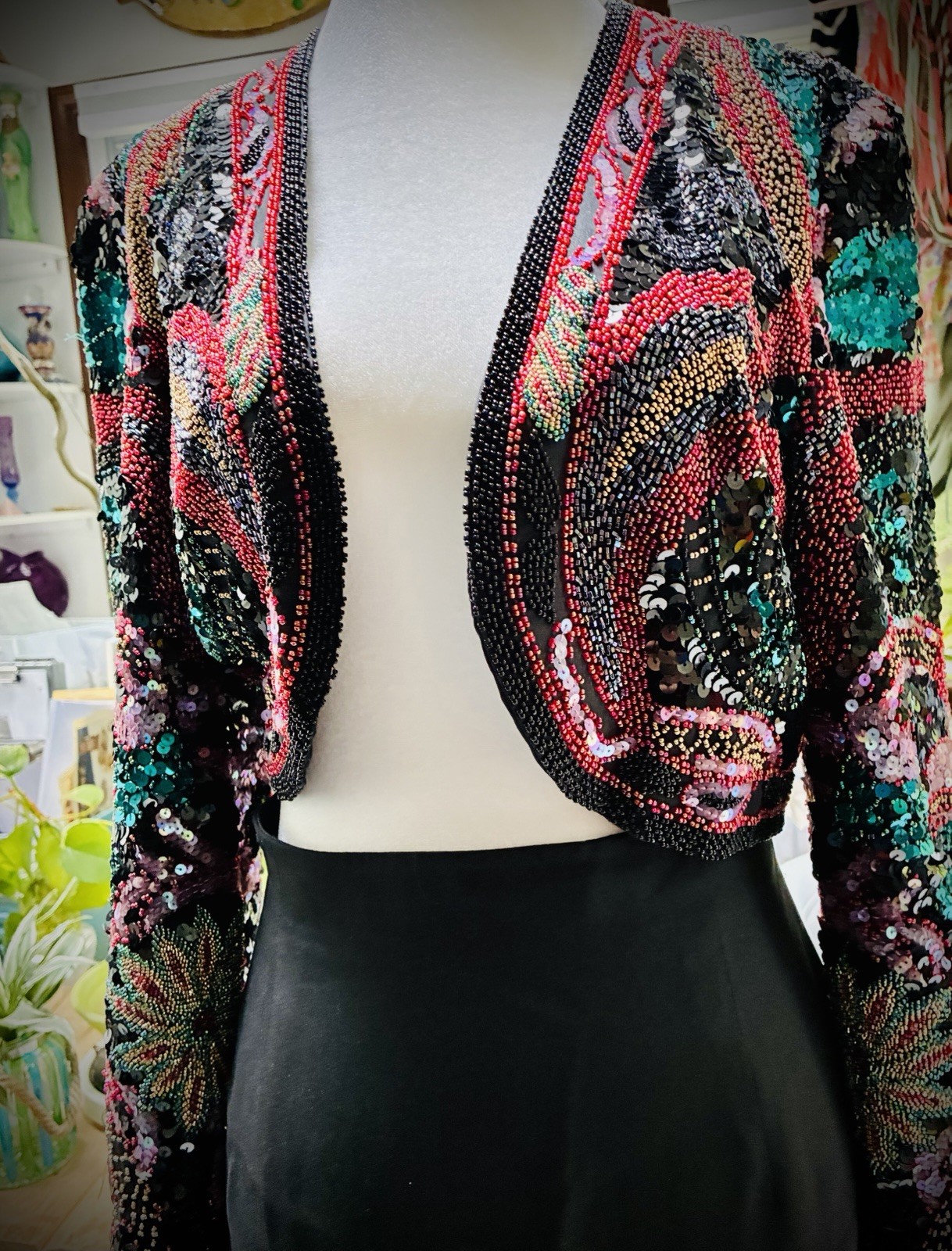 Vntg ‘80s A.J. Bari Silk Beaded Sequin Cropped Bolero Jacket S MFormal Cocktail