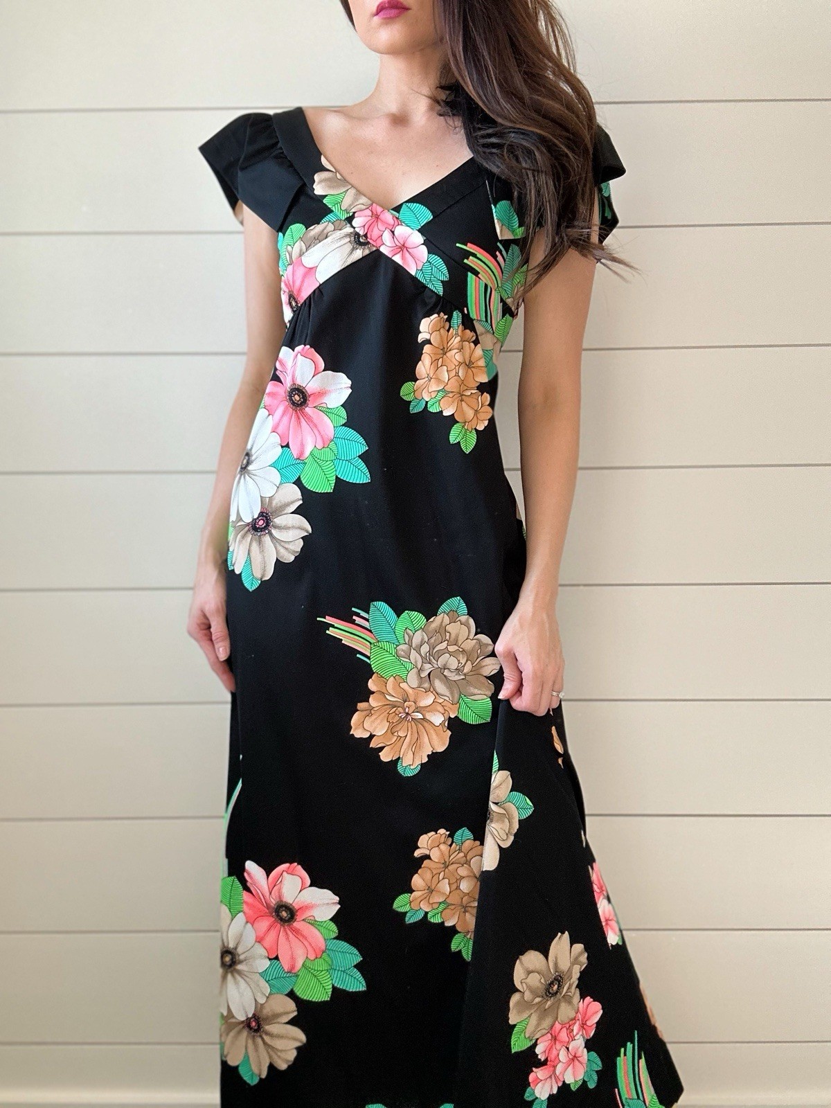 Vintage Hawaiian Dress 1970s Handmade Maxi Boho Hippie Florals XS 0/2