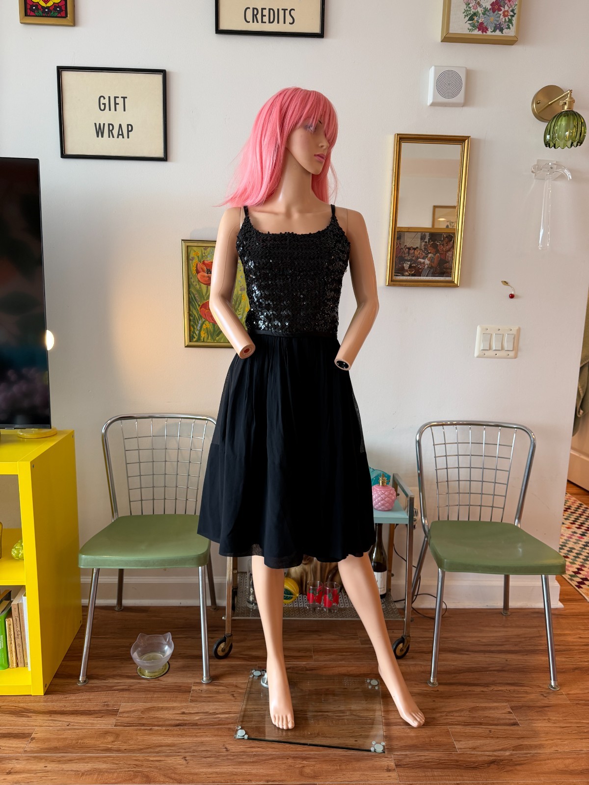 ✨ Vtg 50s 60s Black Sequin Bodice Chiffon Circle Skirt Party Dress Metal Zip M