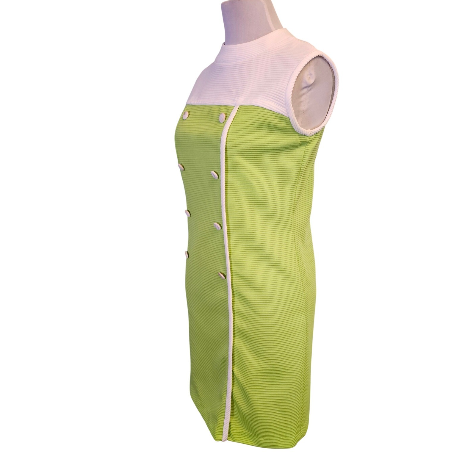Vintage 60s Mod Lime Green White Ribbed Shift Dress ILGWU Union Made Womens XL