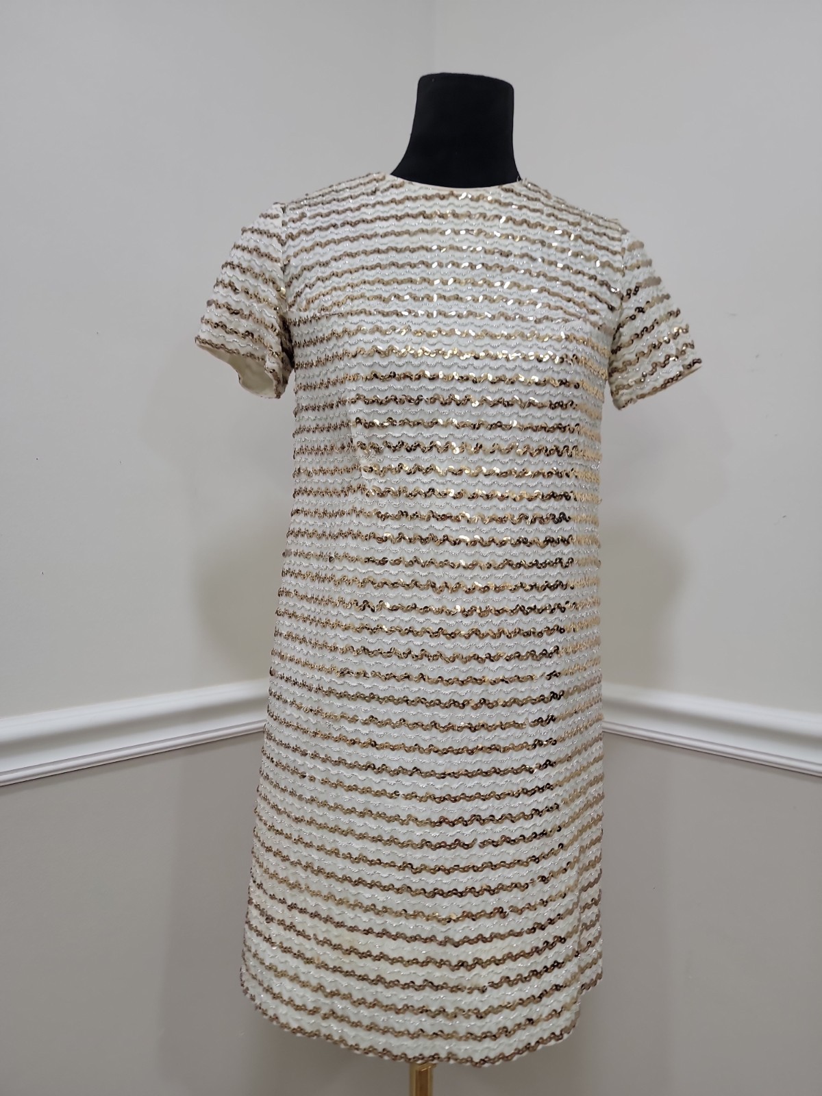 VTG Jr Theme Ivory Gold Sequin Shift Dress Mod Cocktail Party Mini Sz