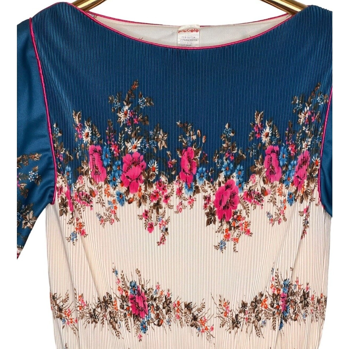 Vintage 70s Piccolo Floral Dress Plisse Bodice Cotton Blend Disco Womens 4