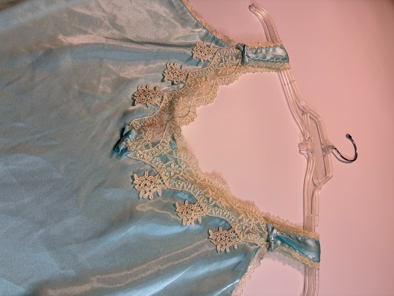 AQUA BLUE SLIP CHEMISE NIGHTGOWN Large Short Lace Flirty Nightie Liquid Satin