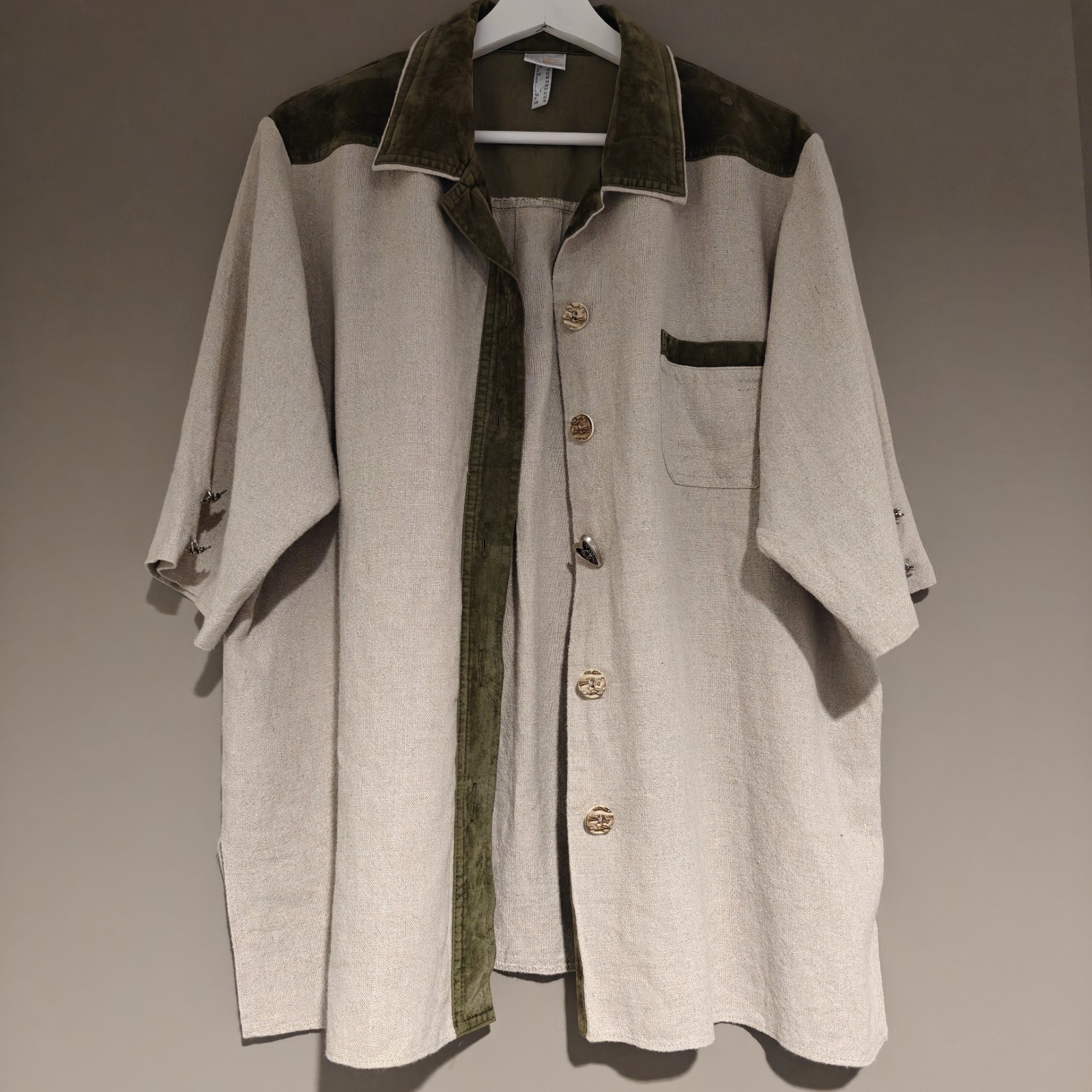 Your Sixth Sense C&A Linen Blend Blouse Vintage Beige Khaki Velvet Trim UK 16