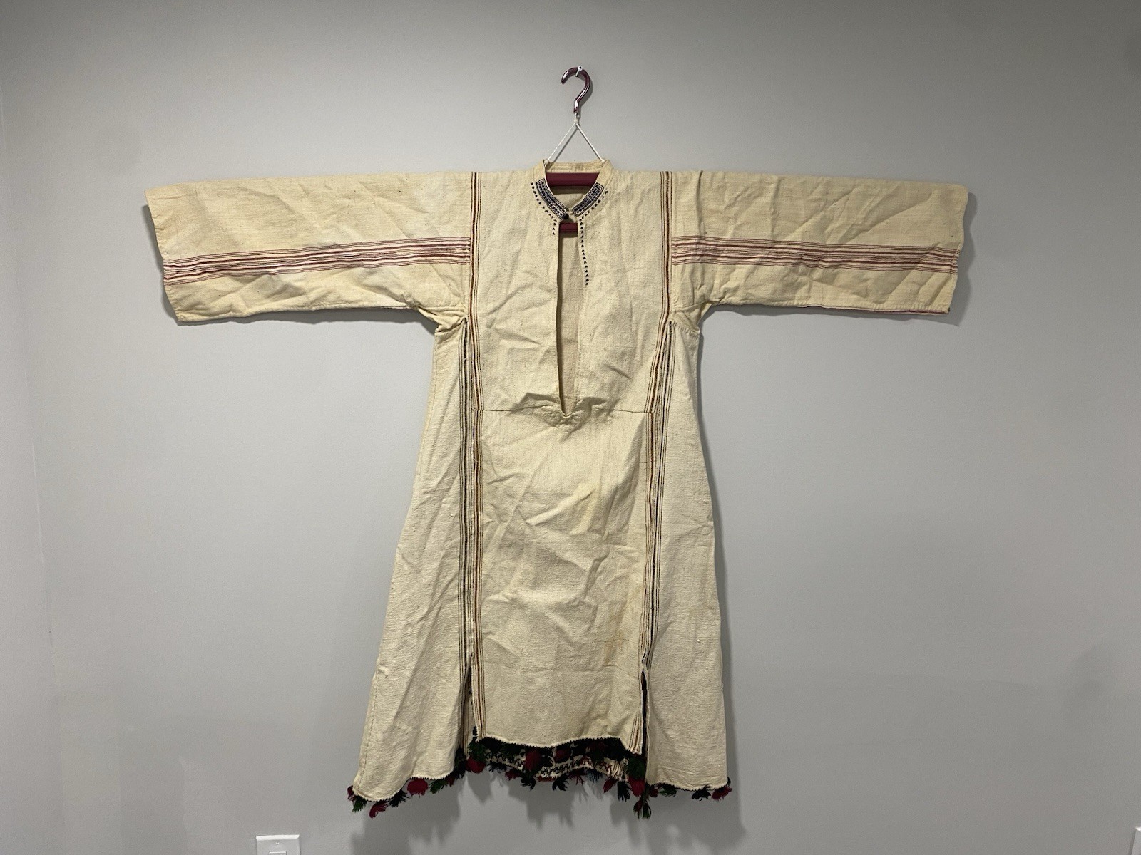Vintage Handwoven Folk Embroidered Robe Dress Natural Linen Geometric Hem Tassel
