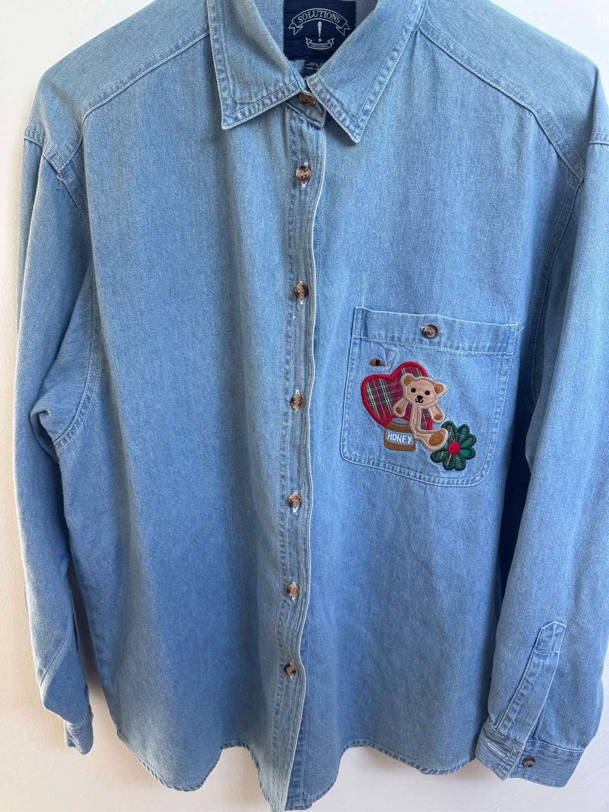 Solution Denim Shirt Teddy Bear Honey Plaid Heart Embroidered Button Up