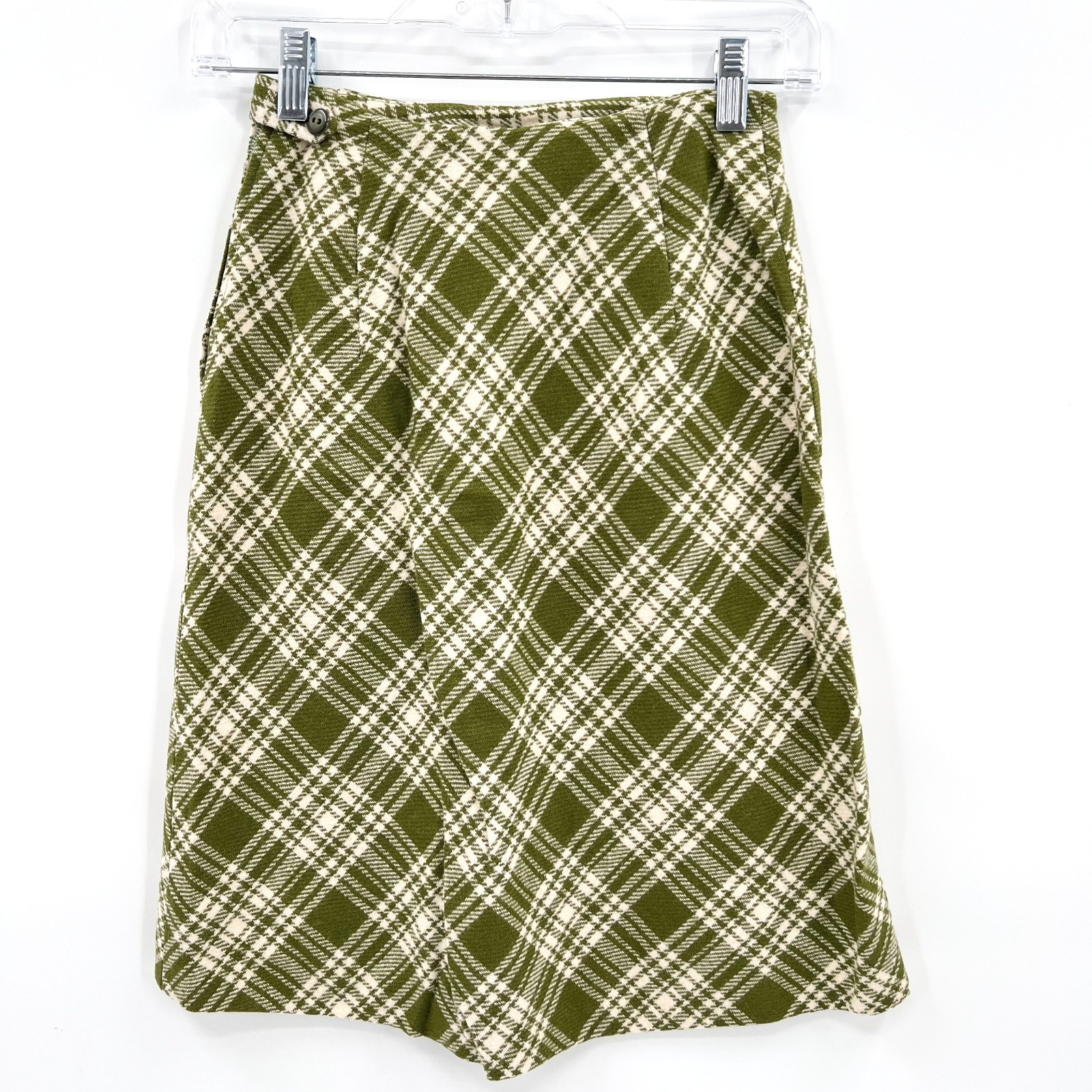 Vintage 60s Women&rsquo;s Size 6 Green/Ivory Plaid High-Waisted Above-Knee Wool Skirt