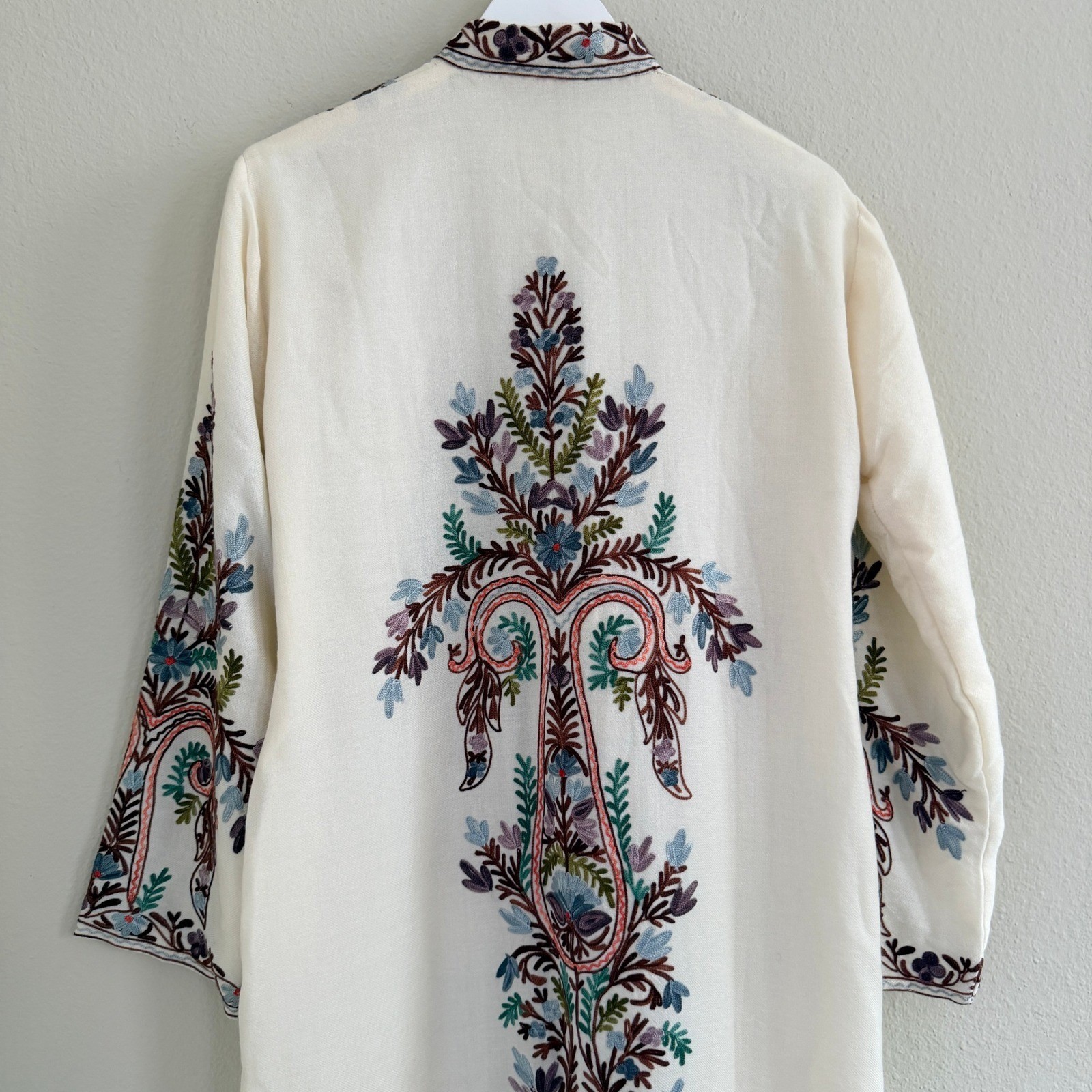 Woolen Coat Long Jacket Off-White, Multicolor Embroidery Size 46 (14, XL) Boho