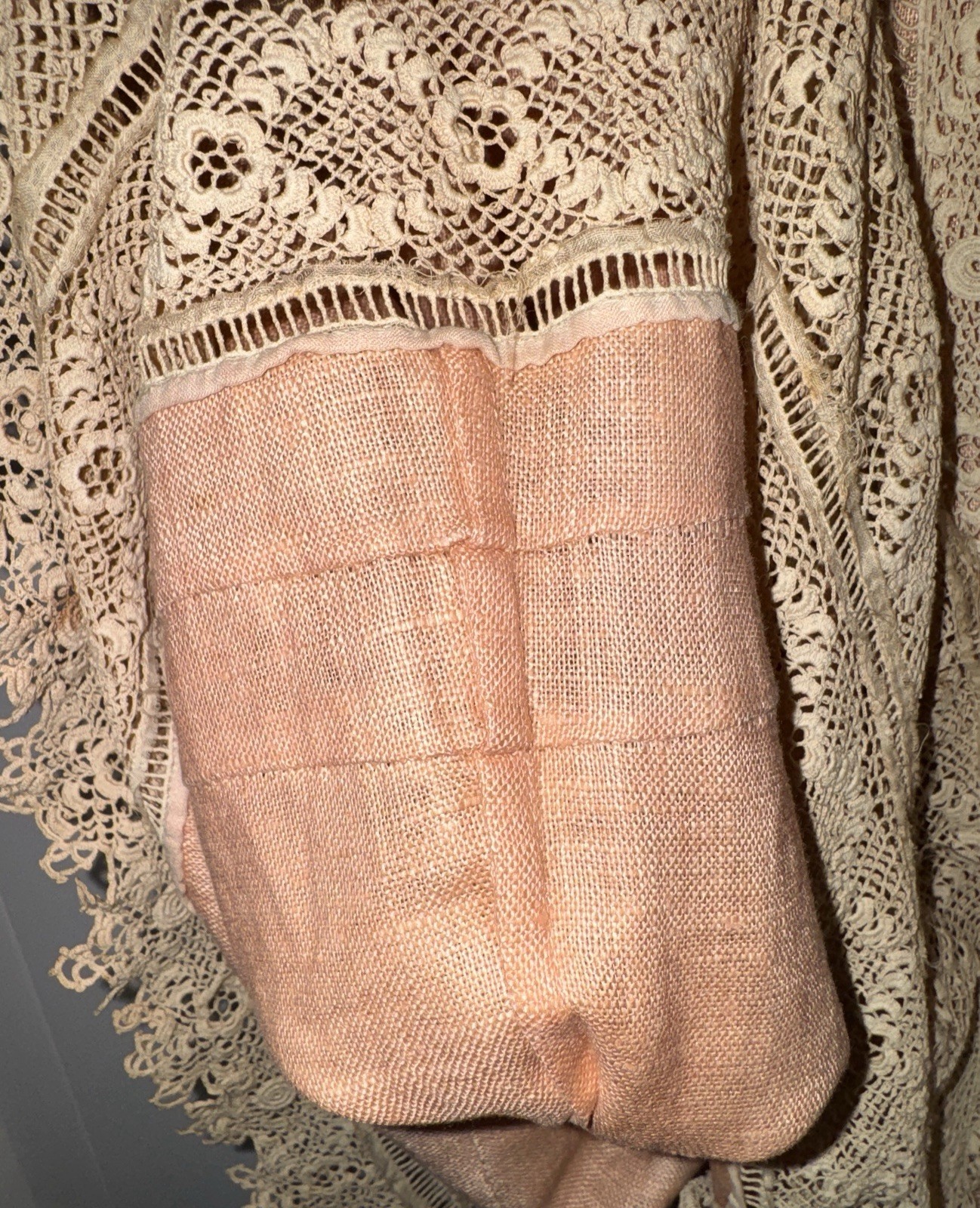 Vtg Antique Peach LINEN + LACE Button-Up Blouse MINI DRESS Robe 29&Prime; Victorian