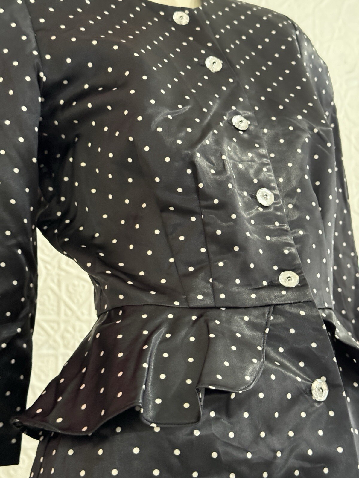 1980s Does 1940s Black satin Peplum Pencil Dress-Polka Dot-Chic-Vintage-Small