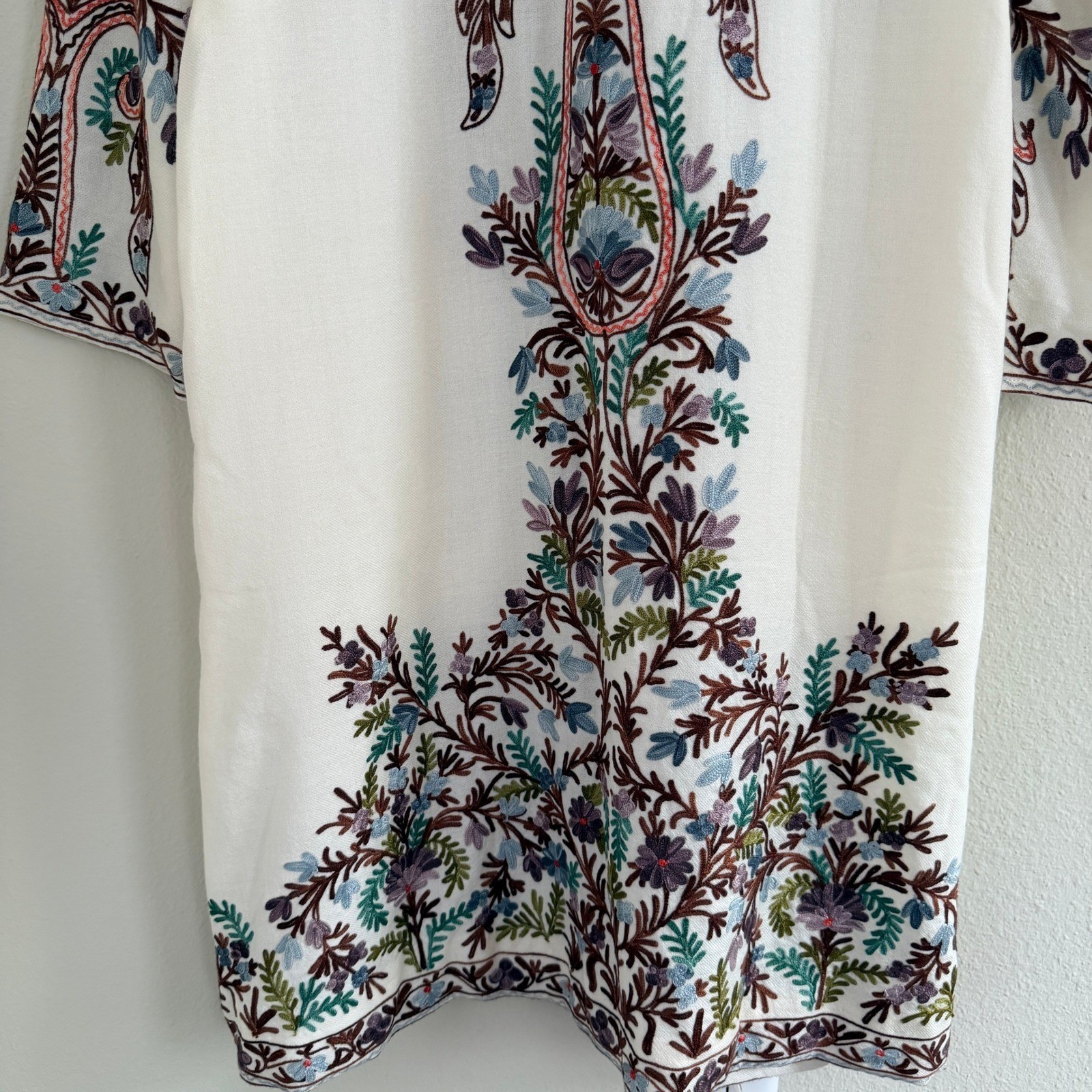 Woolen Coat Long Jacket Off-White, Multicolor Embroidery Size 46 (14, XL) Boho