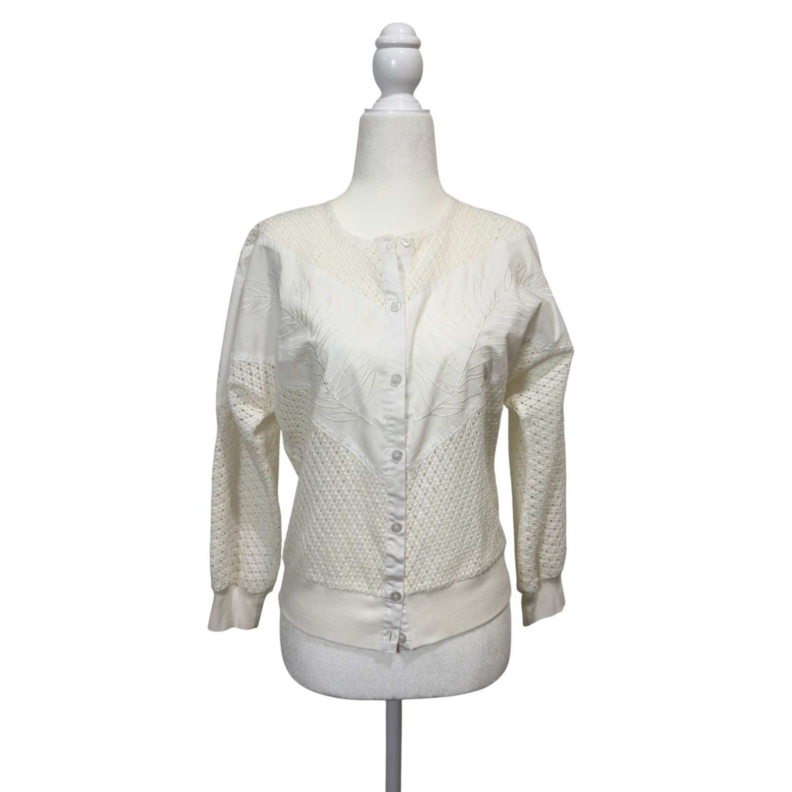 Vintage Campus Casuals of California Cream Embroidered Knit Cardigan Sweater S