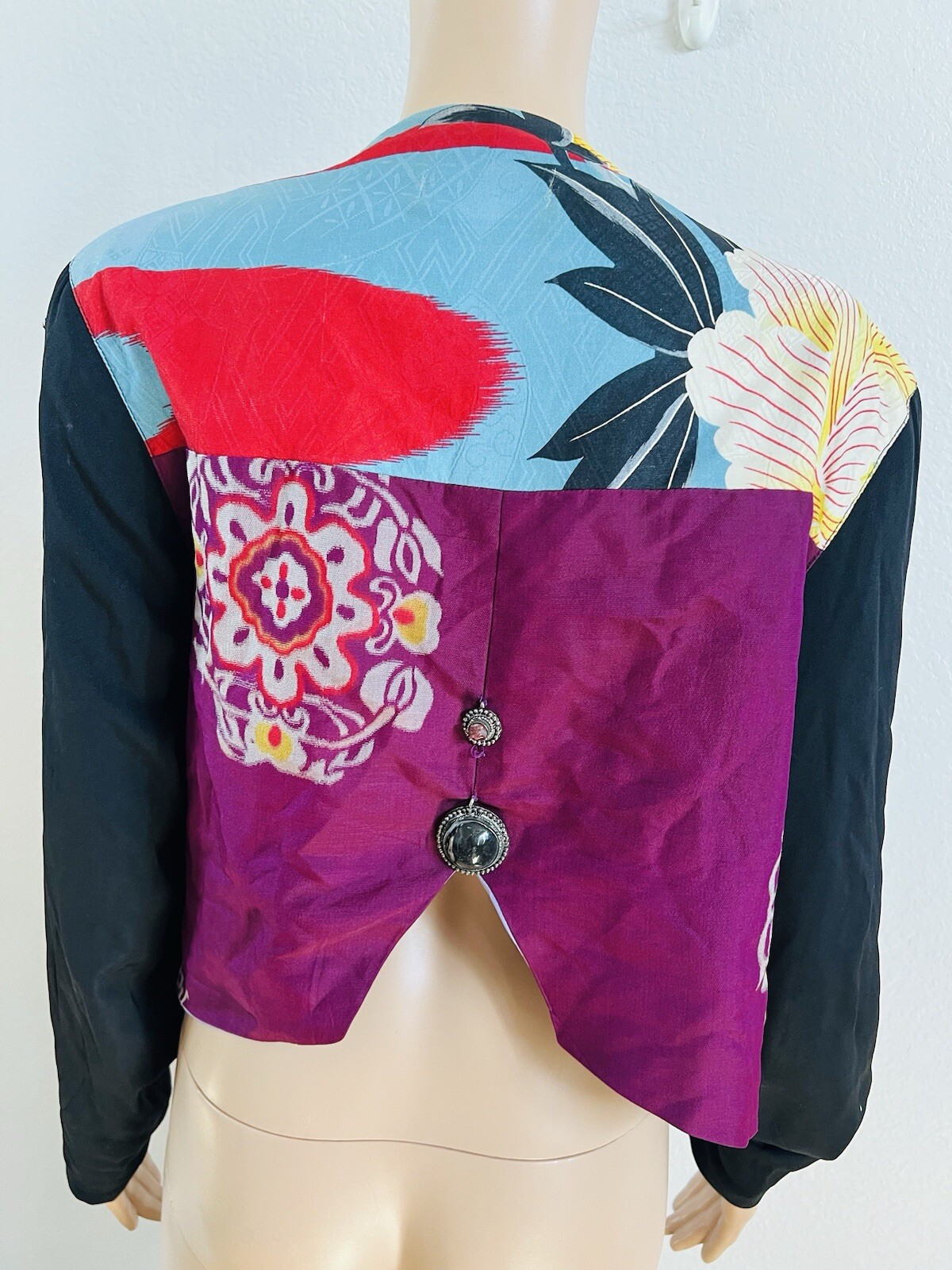 VTG Rebel Smith USA Silk* Open Jacket Floral Art Top Gemstone Accents M/L* OOAK