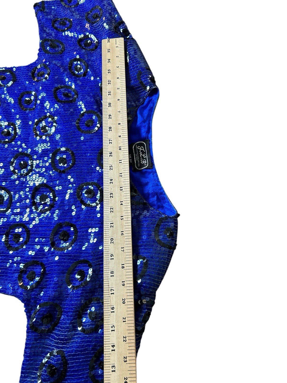 Vtg JLB Sequin Silk Evening Blouse Sz M Royal Blue Short Sleeve Geometric Funky