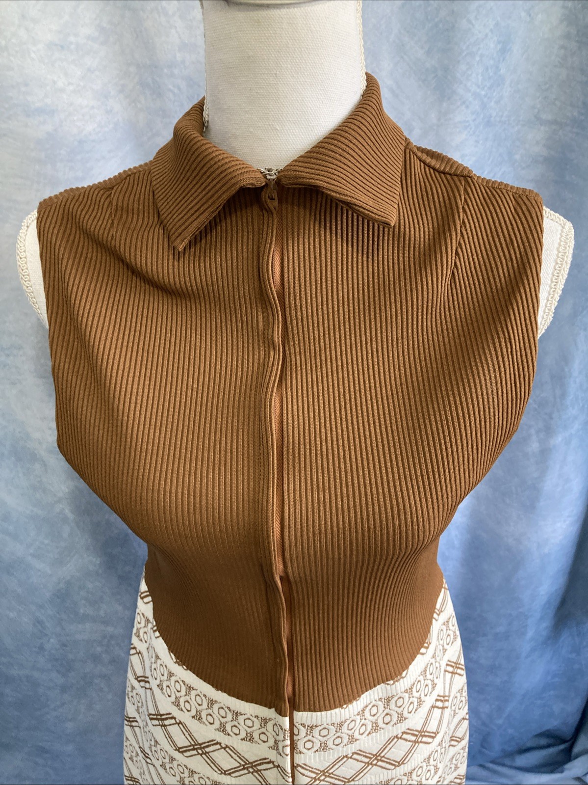 Vtg 70s Mod Geometric Dress & Jacket Set Brown Tan MCM Shift Suit Nemo Zip EUC