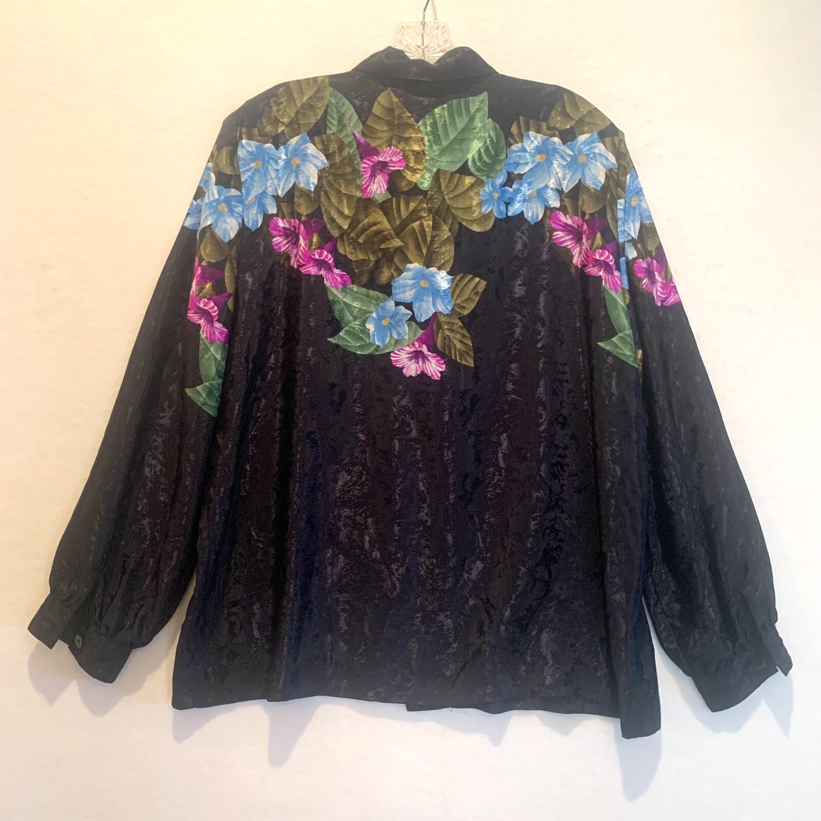 Brownstone Studio Womens Blouse 18 Vintage Hong Kong Silky Black Floral Button