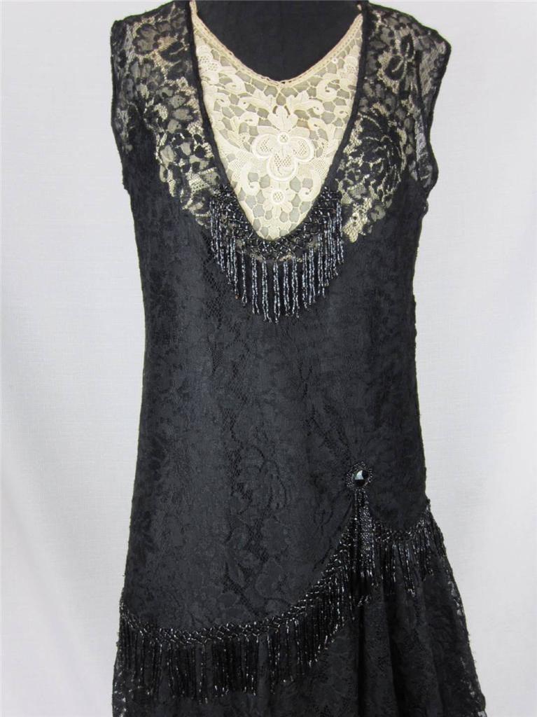 Flapper Dress, Gown Exquisite Beaded Black Lace True VTG 1920s – 30s Paris