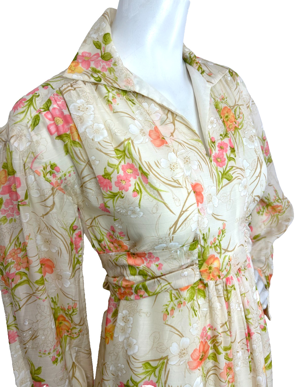 70s Floral Satin Hostess Dress Size Medium Maxi Collared V-Neck Long Sleeve EUC
