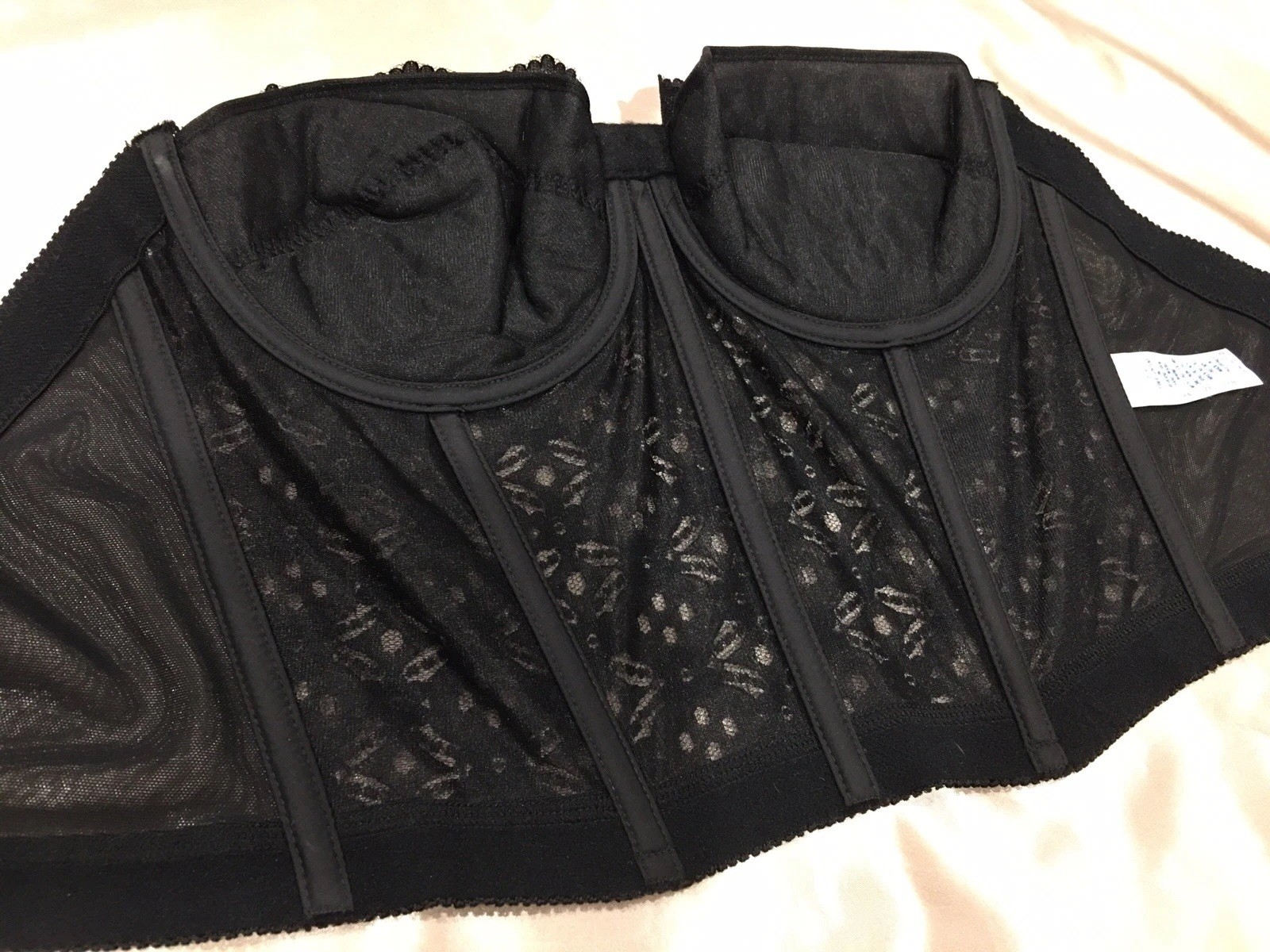 Vtg Black Nylon Bustier Long Line SEARS Bullet Bra 38B