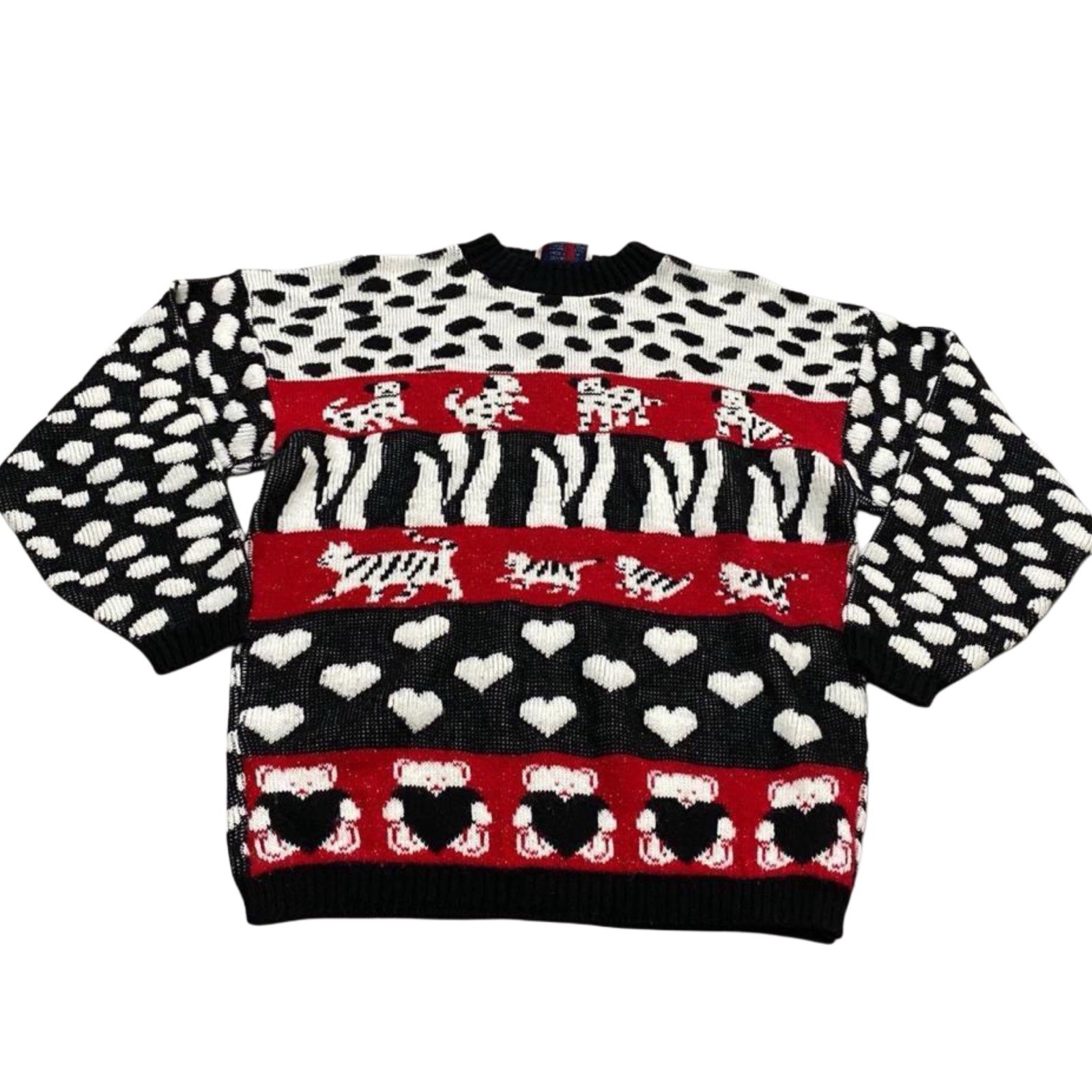 Vintage 80s Dalmatian Cat Teddy Bear Sweater Kitschy Grandma Size 8 / Medium