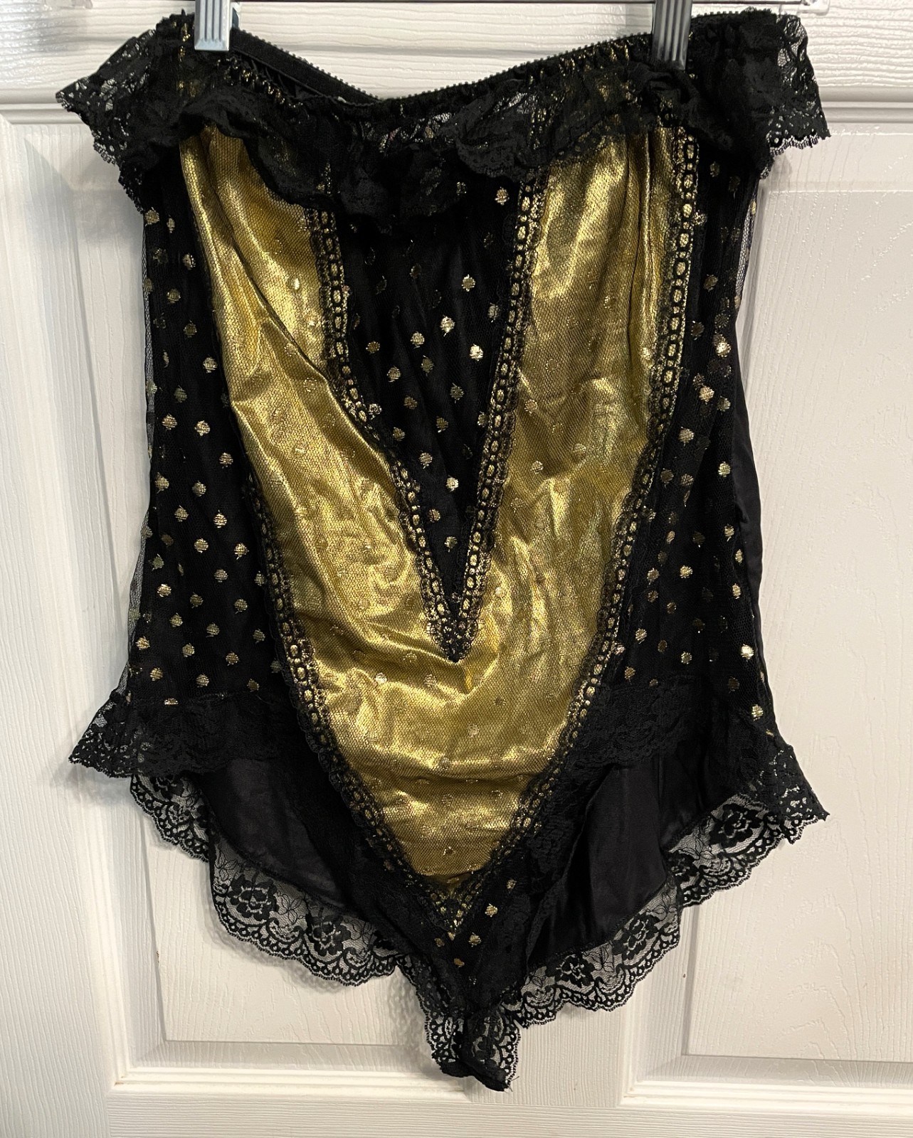 Vtg Jezebel Black Lace Gold Lame Teddy Lingerie High Cut Leg USA LARGE NWOT