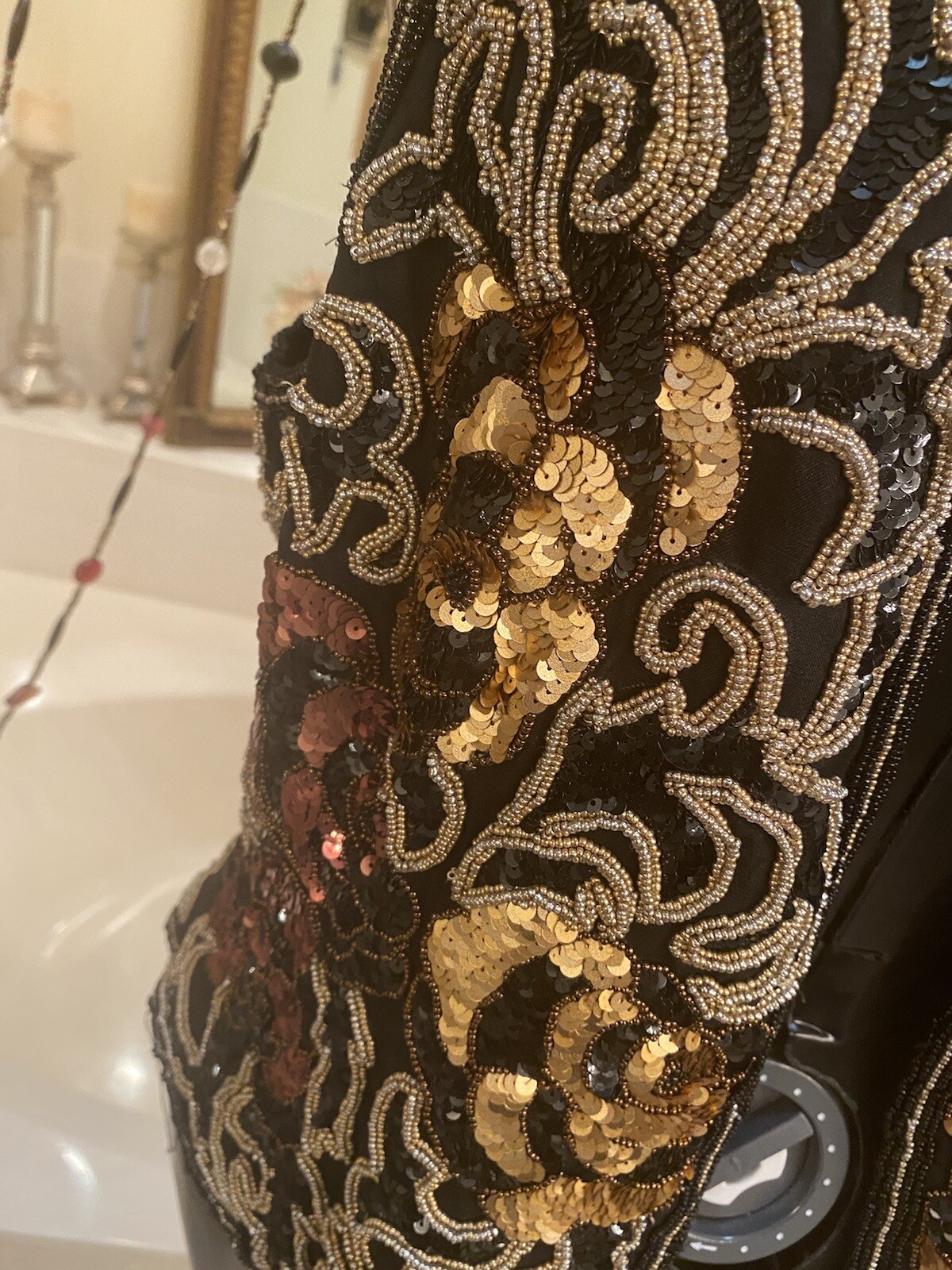 VINTAGE 80&rsquo;s Silk Beaded Sequin Vest BLACK TIE BY HE-RO Black Gold Copper L
